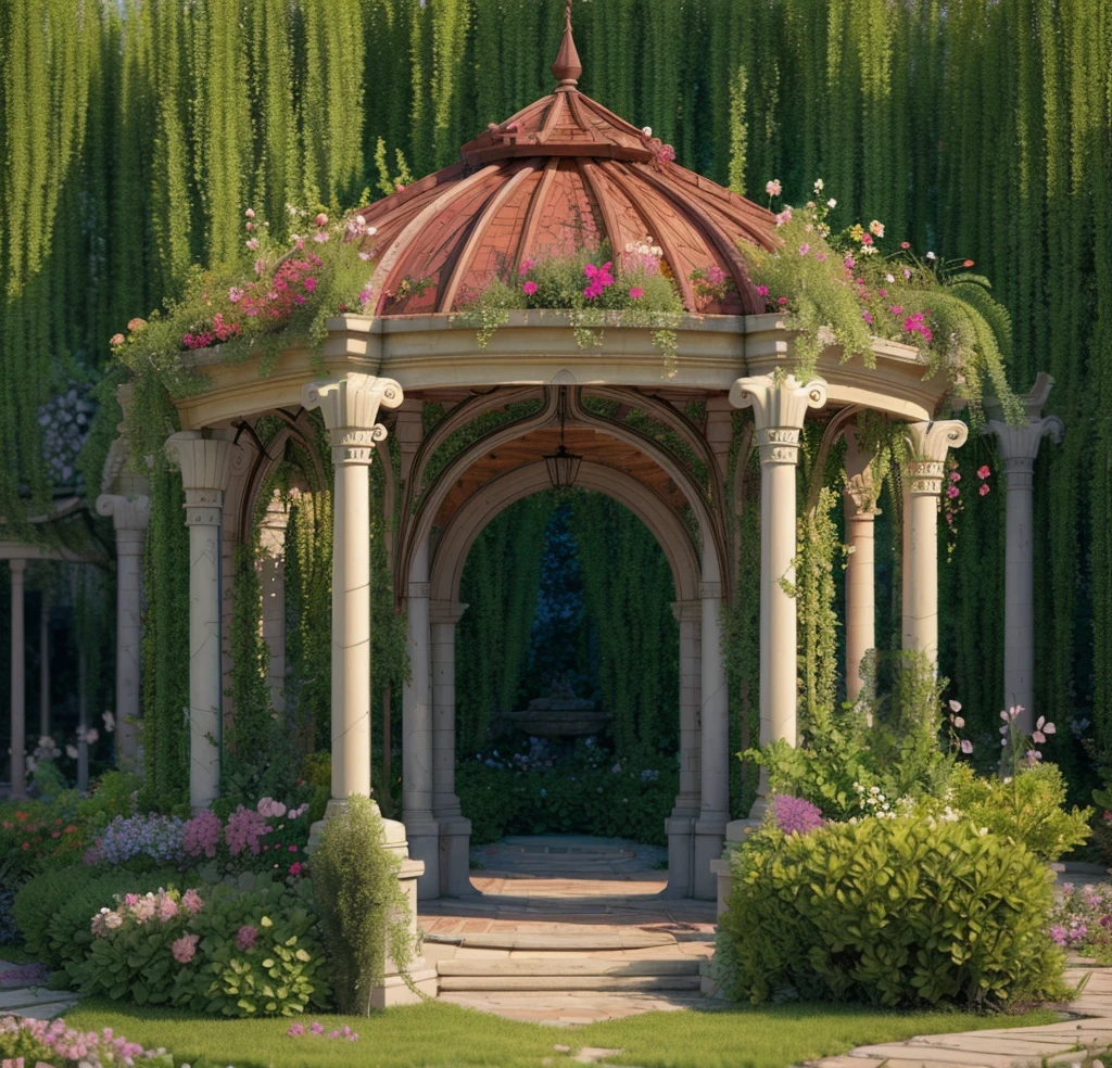 There is a gazebo,full of flowers and vines, royal garden background, beautiful render of a fairytale, , beautiful high resolution, Garden background, dreamy and detailed, Detailed landscapes, background artwork, high detal), well rendered, floral environment, pillars, Beautiful images, realistic garden, gazebo, arbor
