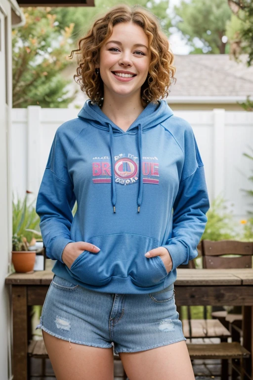 Front view of a magnificent young woman with blue eyes, this woman has short and curly hair, luscious lips and is in the kichen, she is wearing a boho hoody and blue jeans shorts, laughing while doing projects