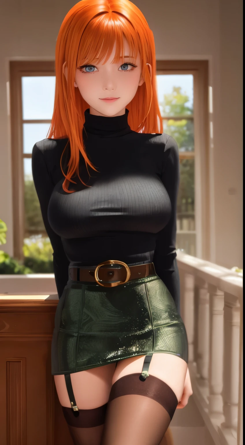 milf, masterpiece, best quality, ultra-detailed, beautiful lighting, 1girl, orange hair, green eyes, freckles, turtleneck, looking at viewer, in black stockings with a belt