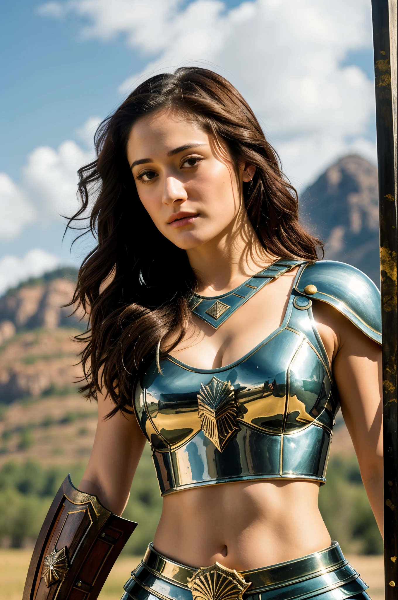 create Emmy Rossum as a Spartan warrior queen), using sword and shield, perky breast, alluring figure, extremely gorgeous, matchless beauty, wearing as Spartan Goddess, Full figured woman, slightly muscular body, , strong and muscular beautiful woman, (Emmy Rossum face), eye kajal, dark fluffy hair, man similar to actor Emmy Rossum, (high quality and realistic image), sparta city background, cinematic style, ((Best quality, 8k, Masterpiece).