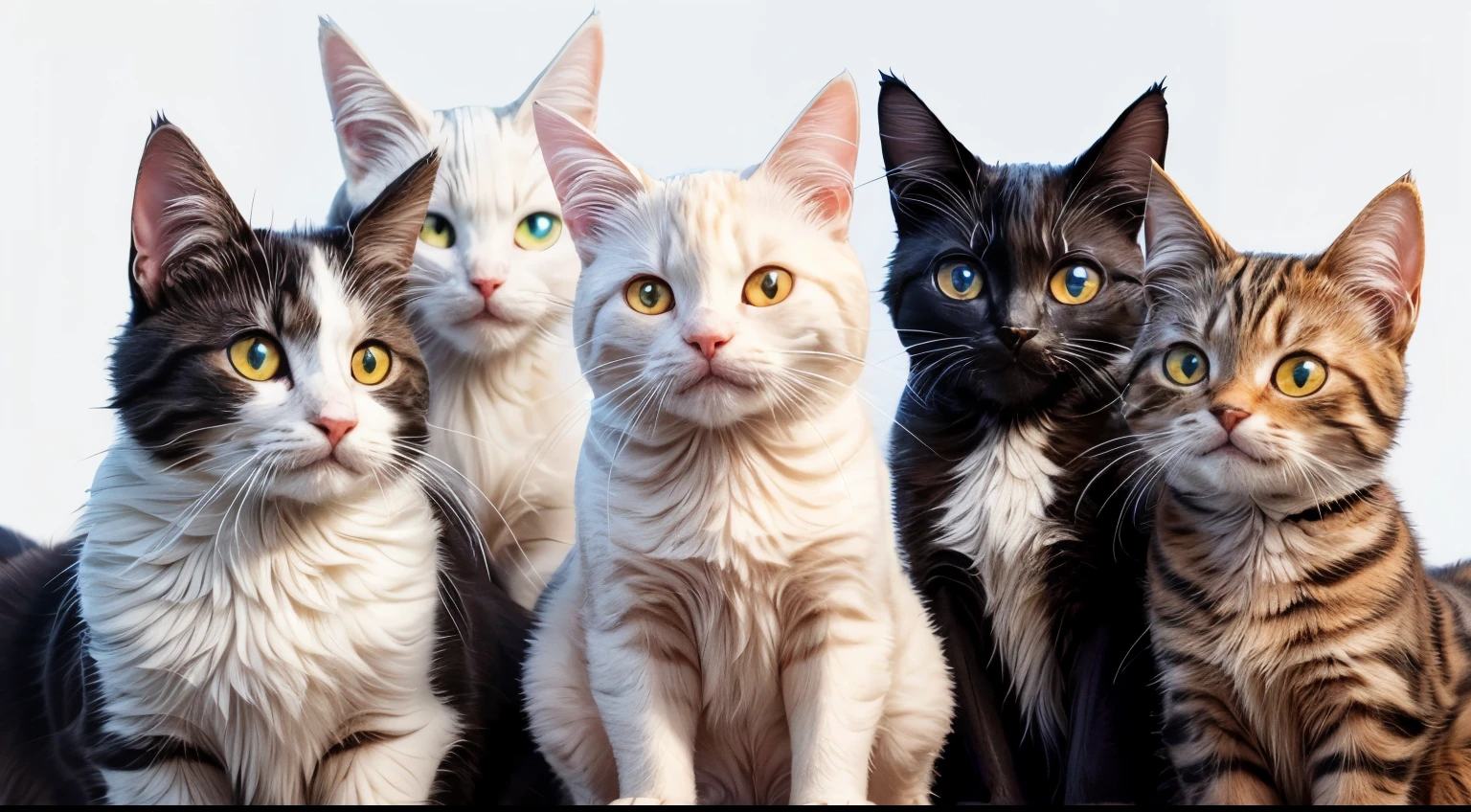 A lot of cats, of different breeds, sitting close together, on a white background, minimalism, high level of detail, correct anatomy, high resolution, illustration, realistic, studio lighting, vibrant colors, vivid eyes, soft fur, expressive poses, fine whiskers, adorable facial expressions, precise lines, crisp focus, photorealistic, professional artwork.