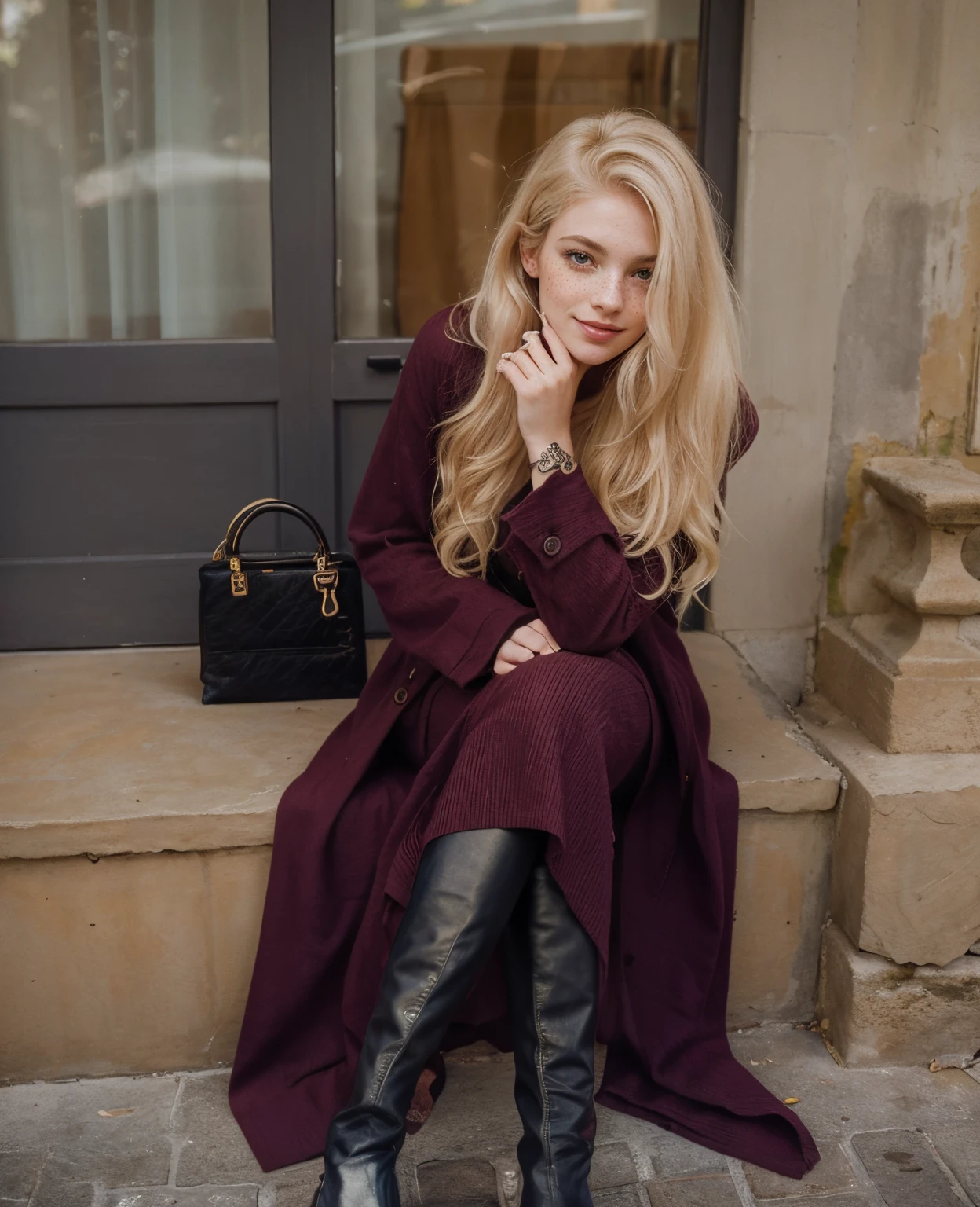 mulher, americana, 25 anos, pale skin and freckles, olhos cinzas, nariz delicado, soft and delicate lips, Cabelo blondie cinza longo e ondulados, sorriso meigo