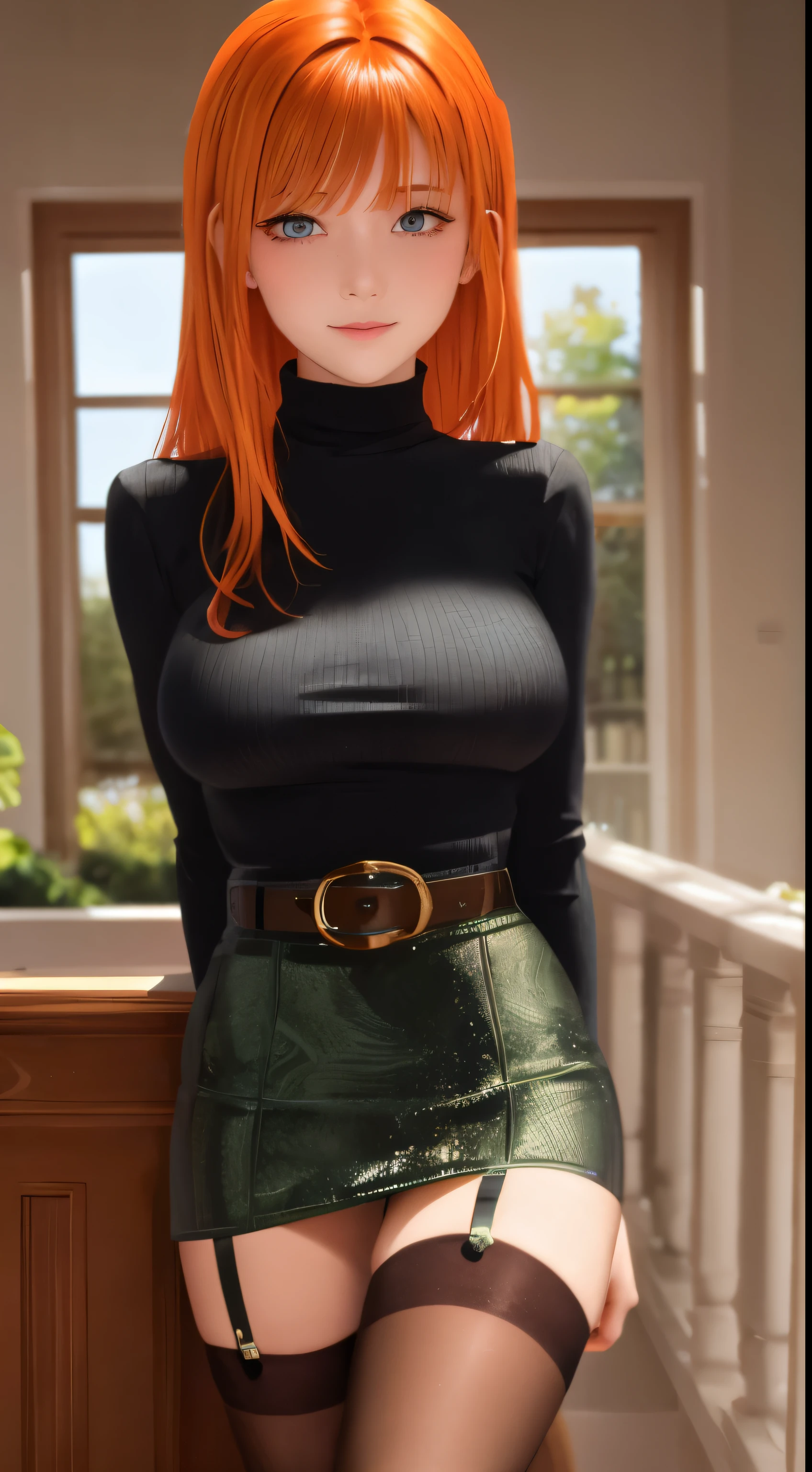 milf, masterpiece, best quality, ultra-detailed, beautiful lighting, 1girl, orange hair, green eyes, freckles, turtleneck, looking at viewer, in black stockings with a belt