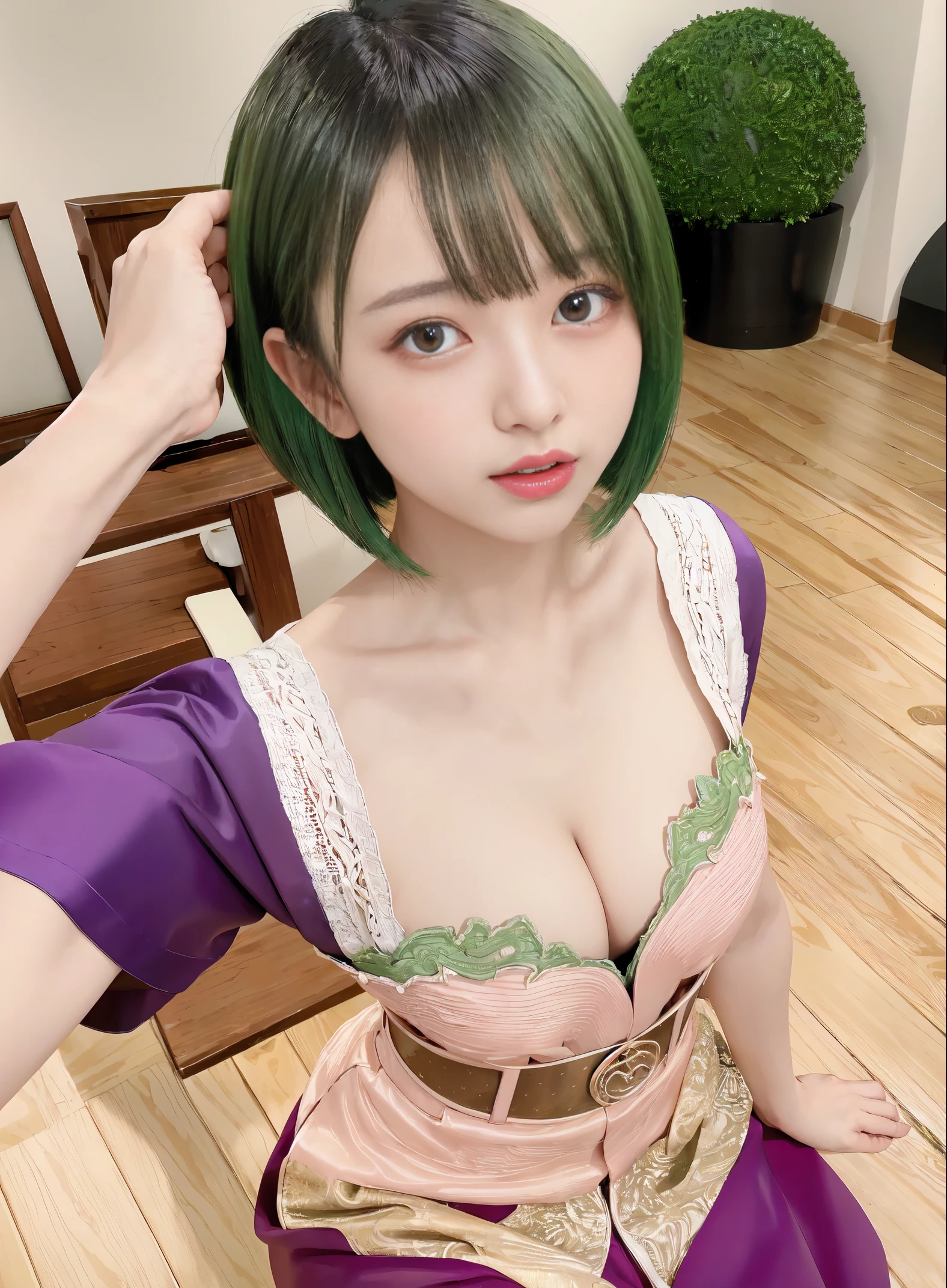 ​masterpiece, realistic, Open your mouth and laugh out loud, Product quality, ((1girl in)), ((Camera work seen from above)), a Japanese young pretty woman, A woman wearing a purple kimono, detailed costume, hyper pretty face, Glossy lips, Glamorous figure, ((Screaming)), oral invitation, 二重まぶた, Natural makeup, long eyelashes, shiny smooth green hair, short-cut, asymmetrical bangs, High resolution, high detailing, detailed hairstyle, Detailed face, spectacular movie lighting, Vibrant, Perfect limbs, Perfect Anatomy, tre anatomically correct, red blush, Derel