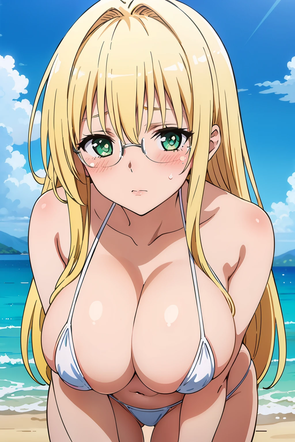 best quality, high resolution, beach, (huge breasts:1.2), leaning forward, tearju lunatique, blonde hair, green eyes, hair intakes, long hair, low-tied long hair, glasses, micro bikini, blush, embarrassed, (white micro bikini:1.2), looking at viewer