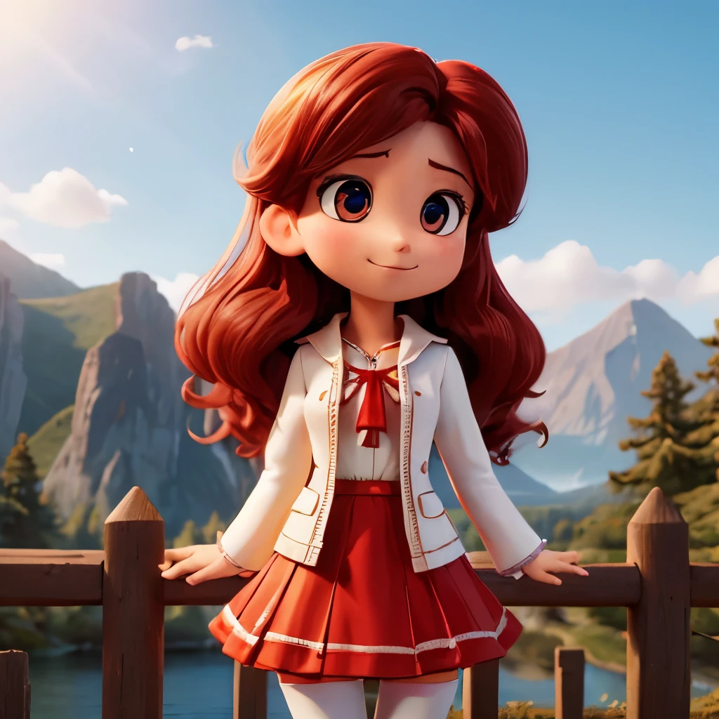 ((tmasterpiece,Best quality at best)),8k wallpaper,1个Giant Breast Girl, long whitr hair, redheadwear, Alone, a skirt, red eyes, looking at viewert, longer sleeves, Permanent, buliding, white a skirt, mitts, hair adornments, Black jacket, ssmile, Fluttering, holland angle, Keep your mouth shut, Look away, Outdoor activities