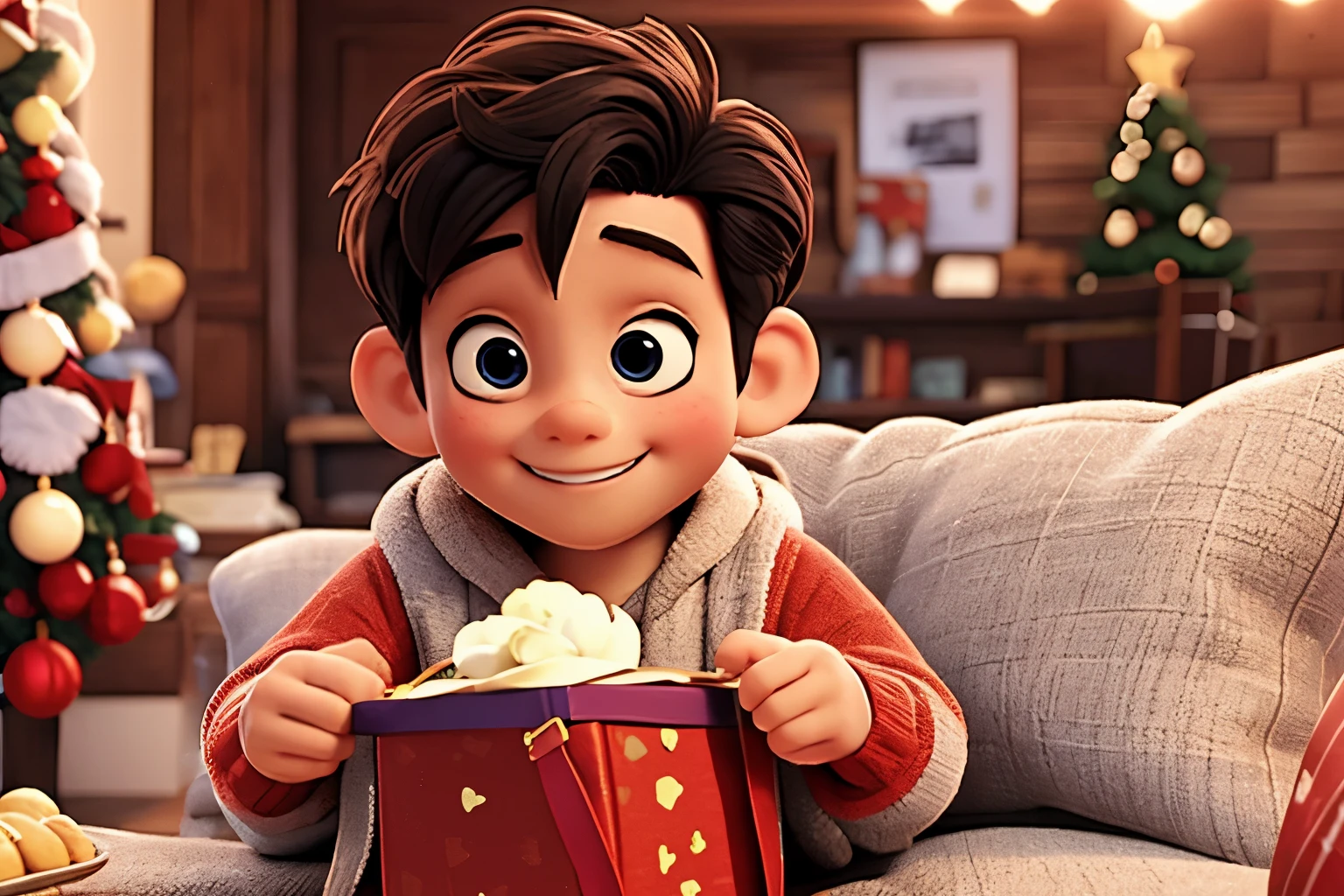 Christmas poster design。Portrait of happy boy receiving gift,Christmas gifts.