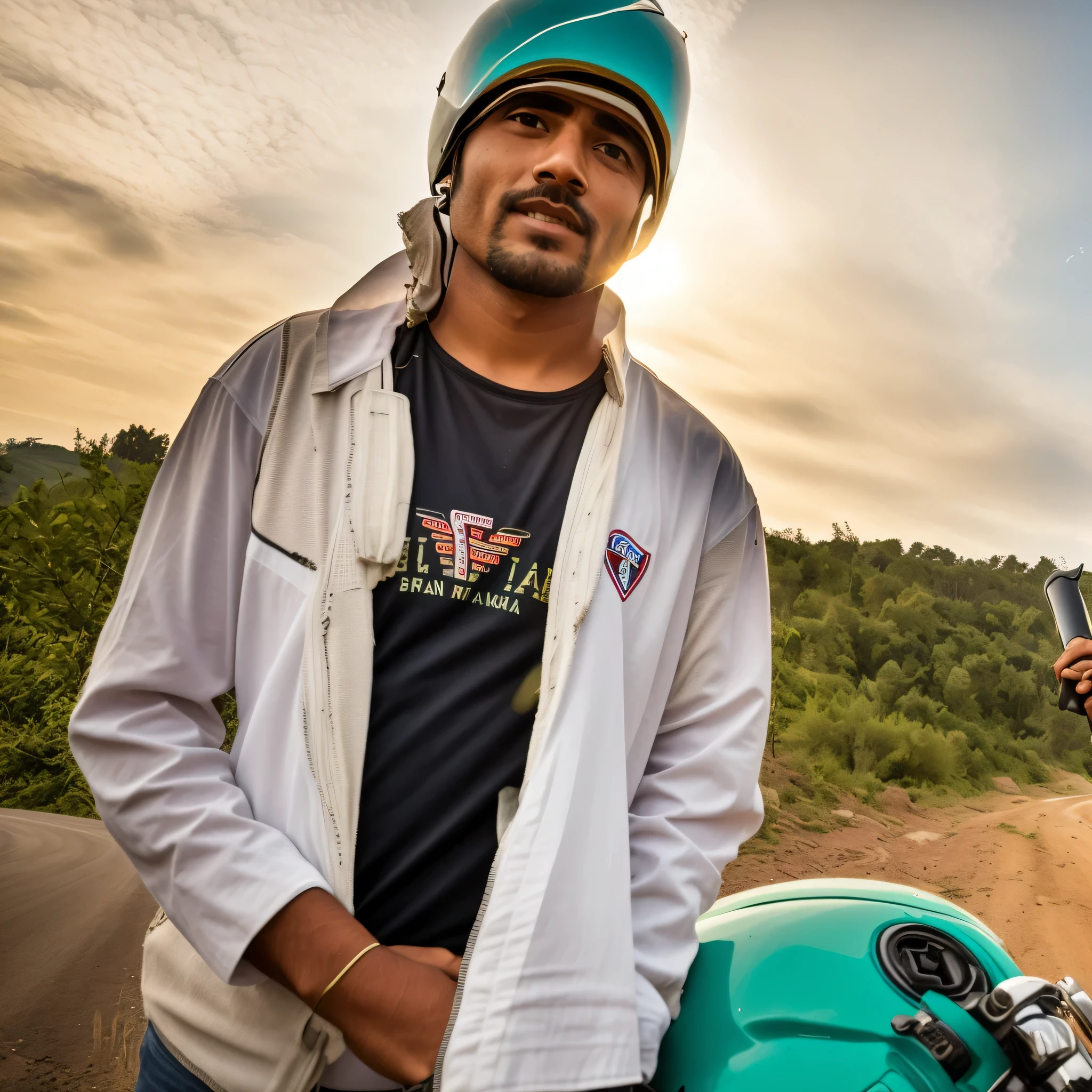 there is a man standing next to a motorcycle on a dirt road, without helmet, with accurate face, wearing helmet, with lovely look, ayan nag, on a road, indian, biker, candid picture, very very low quality picture, edited in photoshop, amidst nature, with village, taken with sony alpha 9, standing in road, inspired by Kailash Chandra Meher