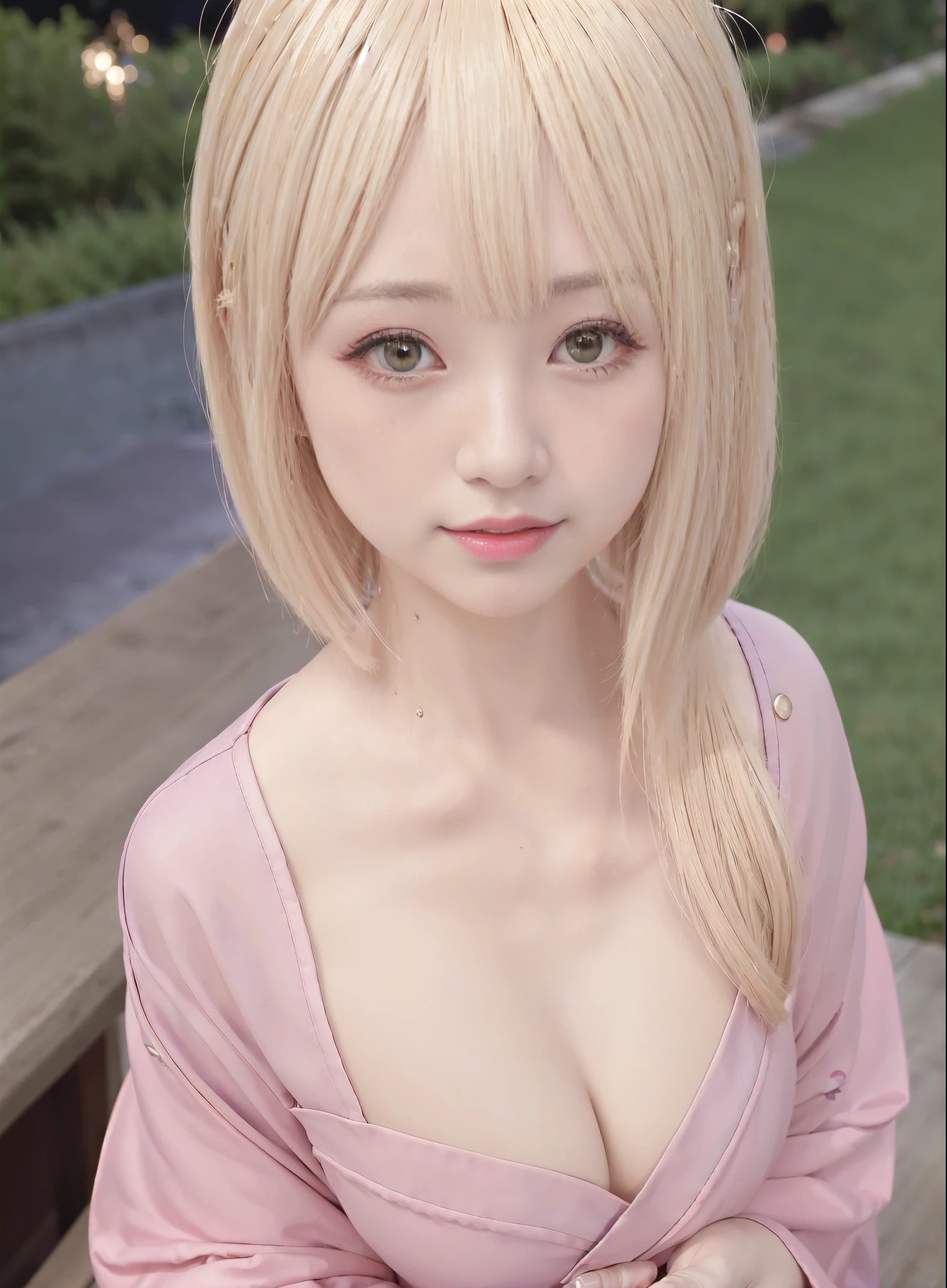Bright blonde hair girl with purple eyes laughing under the starry sky, masterpiece, realistic, Open your mouth and laugh out loud, Product quality, ((1girl in)), ((Camera work seen from above)), a Japanese young pretty woman, A woman wearing a purple kimono, detailed costume, hyper pretty face, Glossy lips, Glamorous figure, ((Screaming)), oral invitation, 二重まぶた, Natural makeup, long eyelashes, shiny smooth green hair, short-cut, asymmetrical bangs, High resolution, high detailing, detailed hairstyle, Detailed face, spectacular movie lighting, Vibrant, Perfect limbs, Perfect Anatomy, tre anatomically correct, red blush, Derel