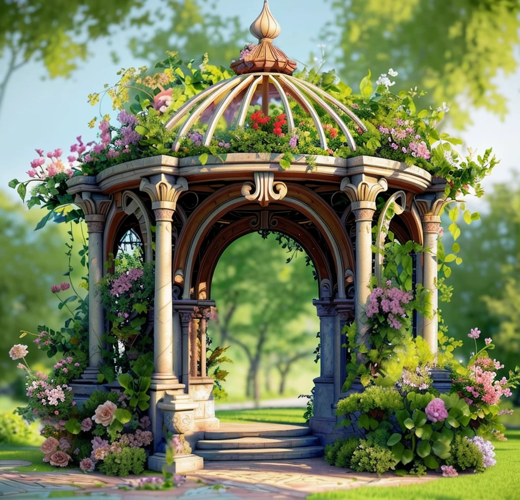 There is a gazebo,full of flowers and vines, royal garden background, beautiful render of a fairytale, , beautiful high resolution, Garden background, dreamy and detailed, Detailed landscapes, background artwork, high detal), well rendered, floral environment, pillars, Beautiful images, realistic garden, gazebo, arbor