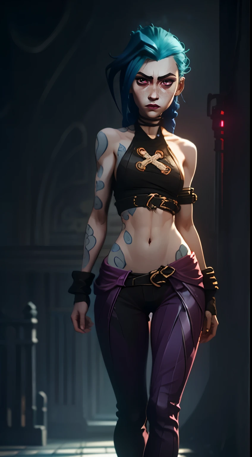 portraite of a, A  girl, in full height (Body Full 1.1), Fantasy City, Standing in a fighting posture, holds his fists, palms clenched into fists, close up face, facial focus, enthusiasm, closeup face, glow in the dark paint, Dark tones, Dark blue background, Arcane style, Arcane's Jinx (character design 1.1.), very long blue braids, two very long tails of hair, Very detailed. Anime style, The secret of animation, gloomy composition, The Gloomy Room, luminescent paint on the walls, drawings on the walls, glowing pink eyes (highly detailed glowing pink eyes, pink pupils 1.1), Pink pupils, very detailed eyes, Beautiful figure, a 1girl, Beautiful figure (Proper Anatopy 1.1.), Slender figure, shapely legs, Blue hair, hairlong, Skinny black leather pants, Very detailed face, Very beautiful face, Very sexy ass, in full height (Body Full 1.1), small elastic breasts, Little ass, Beautiful slim figure, small buttocks, black tight suit, tmasterpiece，beste-Qualit，higly detailed，Visible to the feet， 8K resolution