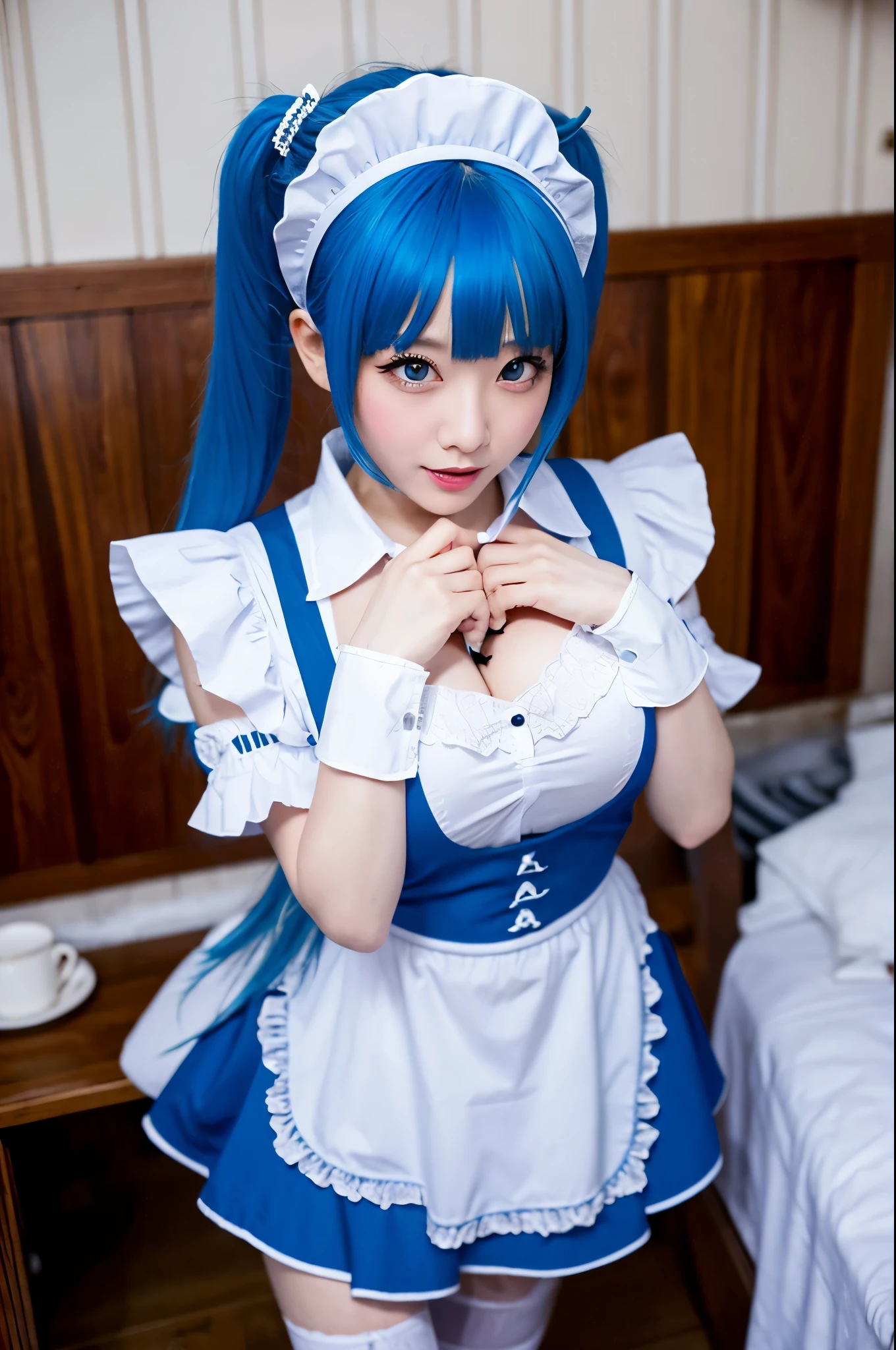 Maximum image quality, ultra high resolution, (real photo: 1.4), Japan people, 18 years old, front view, sky blue hair, long hair, blue eyes, (thin body), small breasts, sitting, bending both knees, holding both knees with hands, thin legs, short white socks, light makeup, white cloak, black string tie, sky blue dress, white lingerie visible under the dress, white panties, short skirt, princess line, smile, cute, stage, small teardrop earrings, on bed, five fingers, two legs