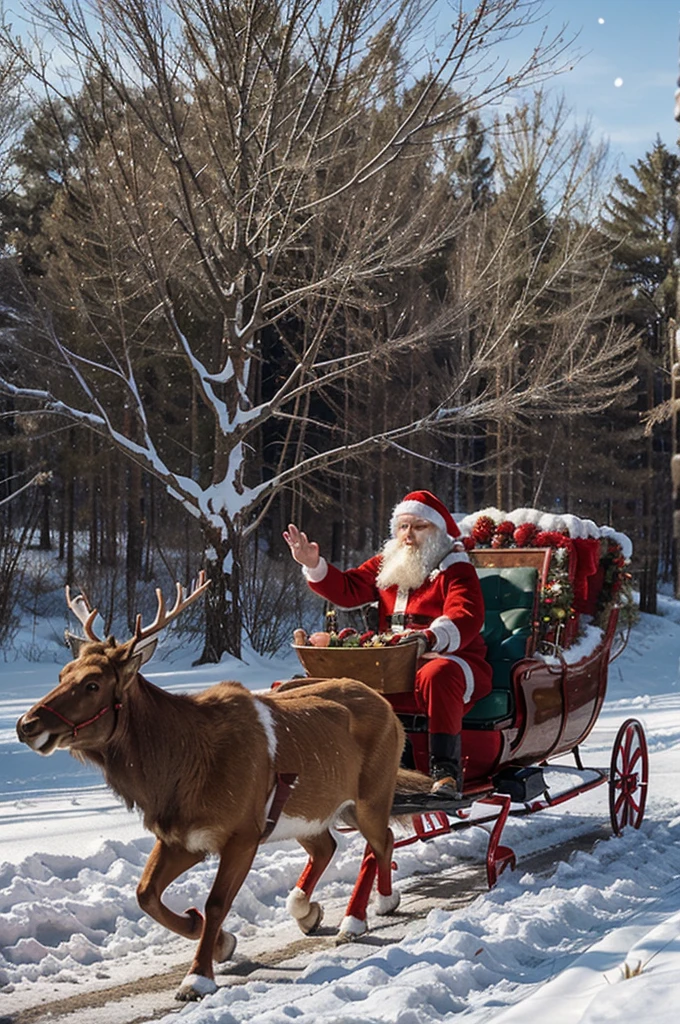 Christmas atmosphere. Santa Claus is running toward me with gifts in his sleigh and driven by an elk.