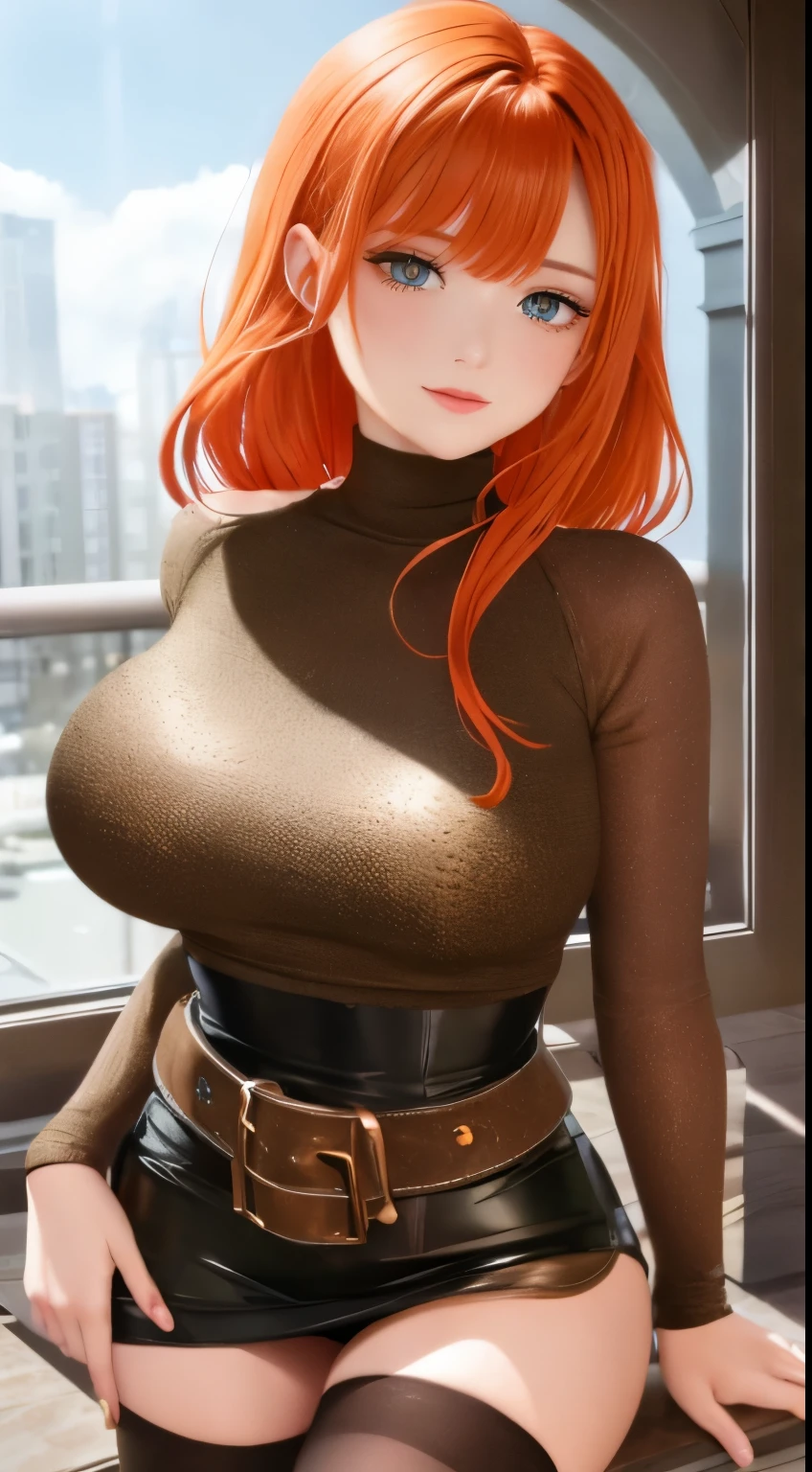 milf, masterpiece, best quality, ultra-detailed, beautiful lighting, 1girl, orange hair, green eyes, freckles, turtleneck, looking at viewer, in black stockings with a belt