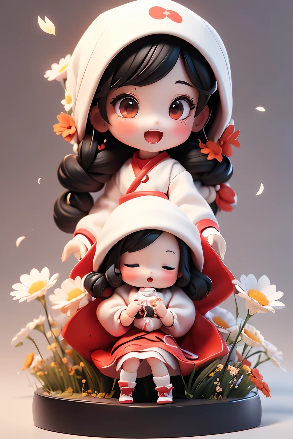 photoRealstic、((use white, black and red))、soft vinyl doll、((Emphasize the softness of the doll))、Yawning face、In a cute pose、up of face、Eye Up、put hands forward、There are also flowers in the foreground...、season!!: 夏天☀ 🍂