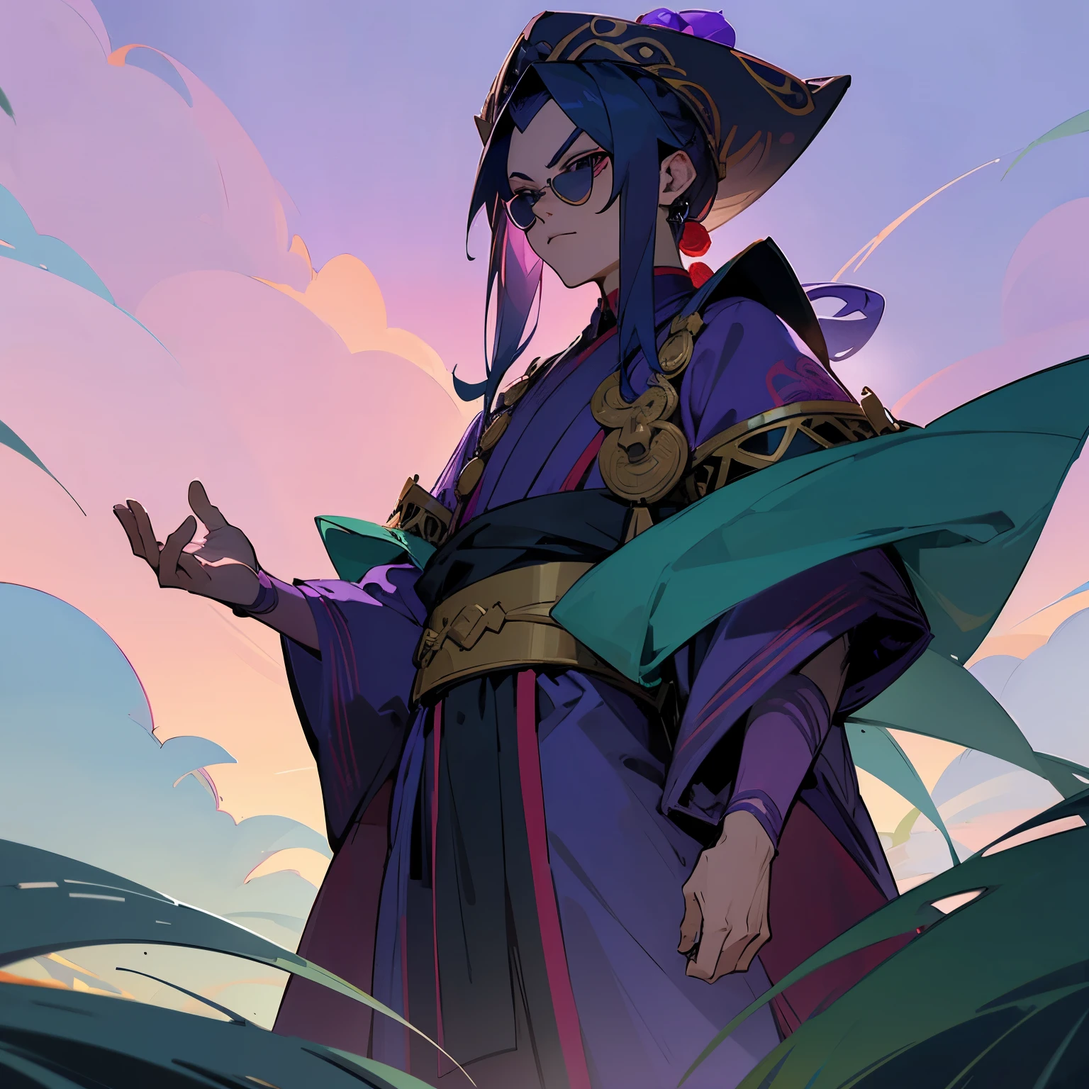 Green grass , Purple Sky Background , Blue Skin , Black Turban , Blue Hair , Black Sunglasses , King Kai , Red Chinese Robe , perfect generation , Intricate detail