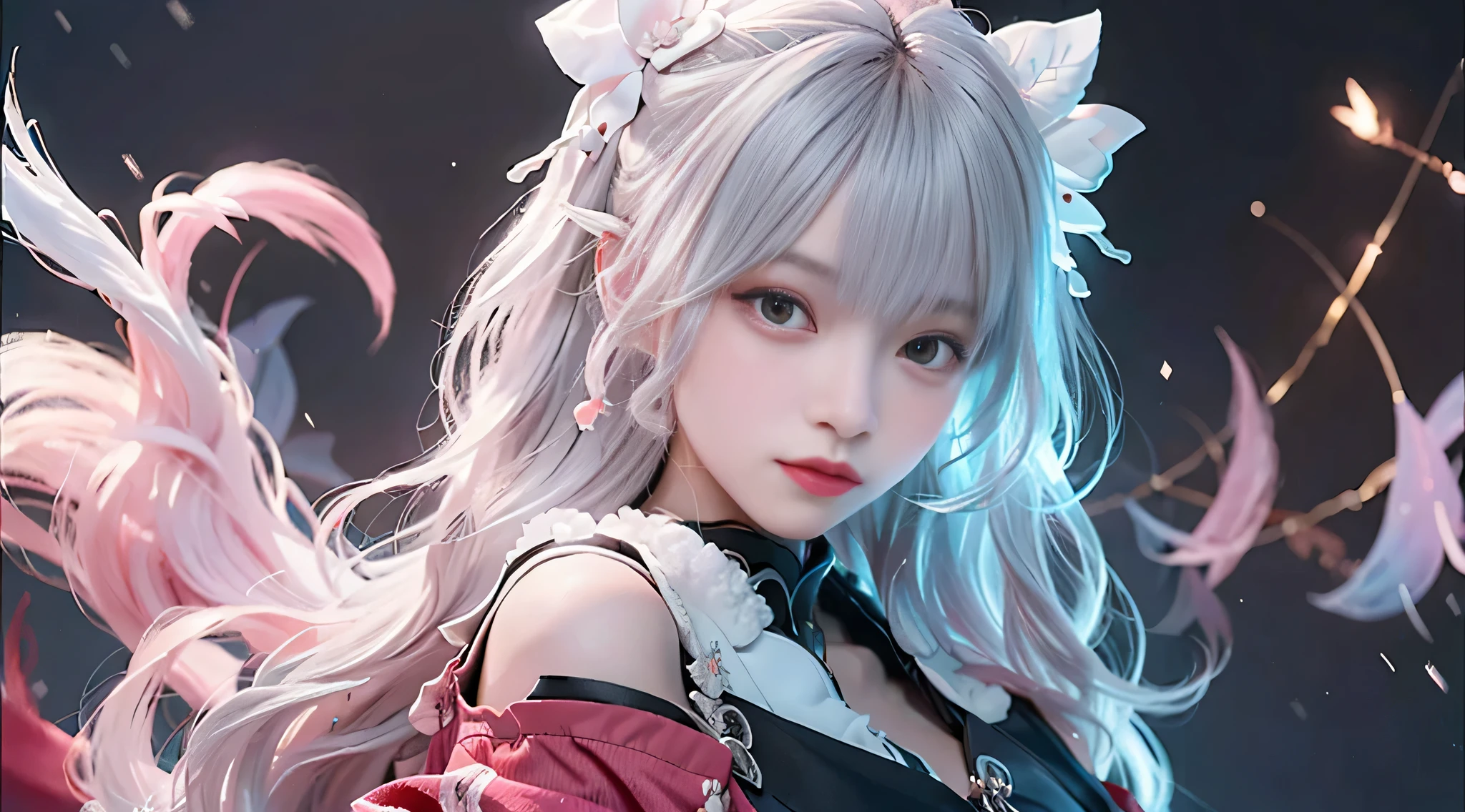 ((best qualtiy)), ((tmasterpiece)), (detail:1.4), Beautiful cyberpunk female images,hdr(HighDynamicRange),Ray traching,NVIDIA RTX,Hyper-Resolution,illusory 5,sub surface scattering,PBR textures,post-proces,Anisotropy Filtering,depth of fields,maximum definition and sharpness,Many-Layer Textures,Albedo e mapas Speculares,Surface coloring,Mitsu-Accurate simulation of material interactions,perfectly proportioned,rendering by octane,Two-colored light,largeaperture,Low ISO,White balance,Rule three points、8K raw data、Beautiful bright blue pupils,off-the-shoulder clothes,Fine pupils,Delicate face and eyes,long eyelasher,Blushlush,Delicate and fluffy hair,pink lip,Pure,Cute face,Sweet girl,Artistic sense,Casual wear,Advancedsense,butterflys,Cherry blossom petal,Beautiful hair accessories,Long hair and waist,Hair fluttering in the wind,Snow-white fox ears,curlies,Snow-white fluffy tail