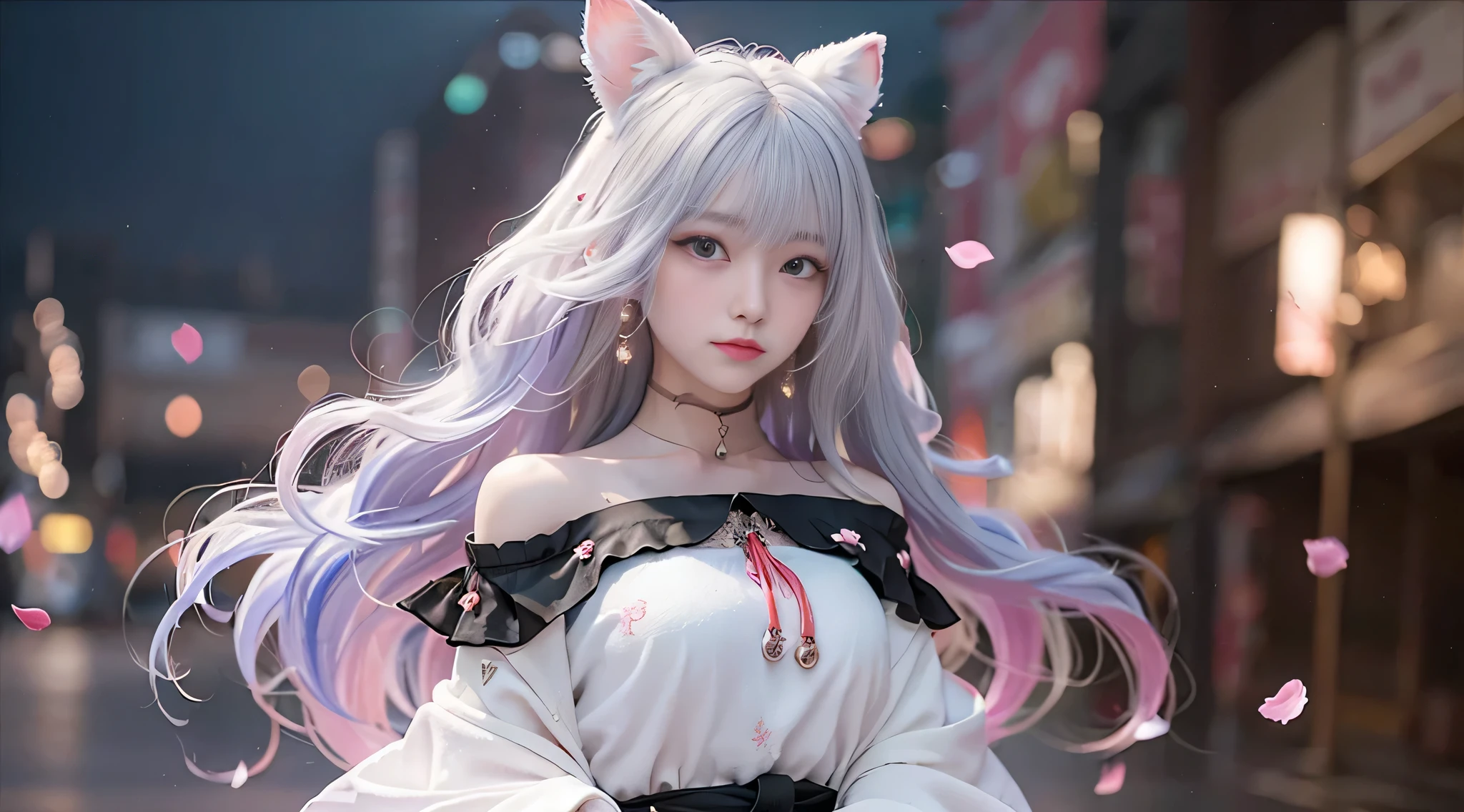 （（Best quality at best））， （（tmasterpiece））， （the detail：1.4）， Beautiful cyberpunk Japanese female image，，(taking a full body photo)，north african free trade area（HighDynamicRange），Ray traching，NVIDIA RTX，Hyper-Resolution，Unreal 5，sub surface scattering，PBR textures，post-proces，Anisotropy Filtering，Depth of field for maximum clarity and sharpness of multi-layered textures，Albedo e mapas Speculares，Surface Colorintsu - Accurate simulation of material interactions，proporções perfeitas，Rendered by Octane，Dichroic light，largeaperture，Low ISO，White balance，Three rules、8K raw data、Beautiful bright red pupils，Off-the-shoulder clothing，Excellent students，Pink gradient on pure white hair，Delicate face and eyes，with a round face,　Teary eyes,　long eyelasher，blush blush，Fine and fluffy hair，cparted lips，pure，Cute face，sweet girl，Artistic sense，leisure wear，Advancedsense，petals，snowflower,　Tricky snow background,　beautiful hair ornaments，Long hair and waist，Hair Fluttering in the Wind，snow white cat ears,　curly
