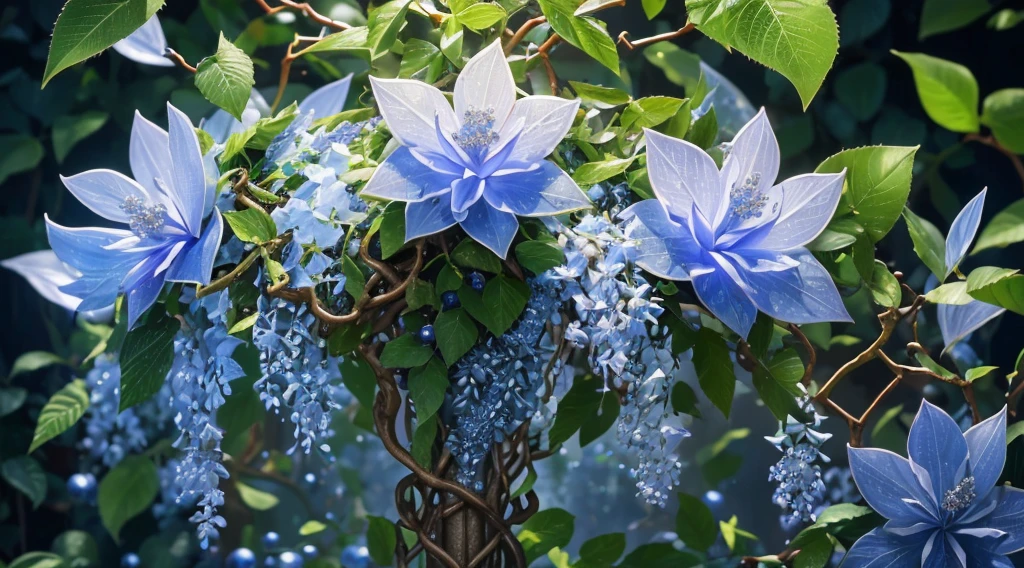 (Best quality, ultra-detailed, photorealistic: 1.37, numerous crystal fruits on vines, towering vines of magical plants, intricate details), light blue and white, stunning lighting, artistic shot, close-up