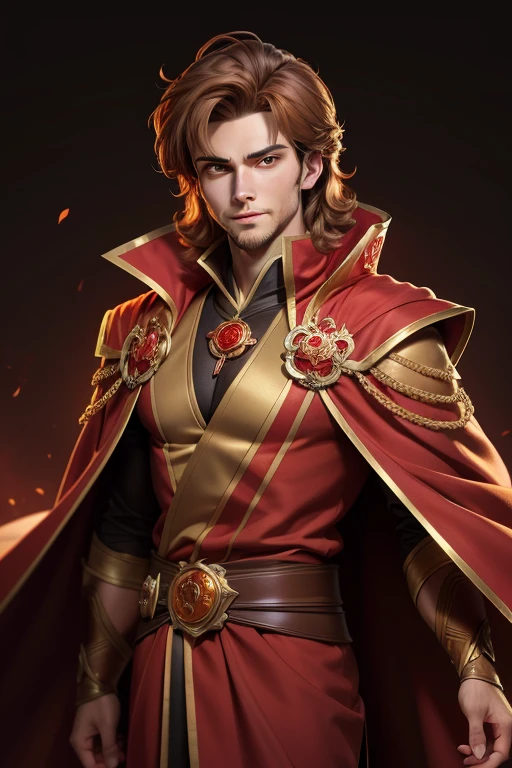 masterpiece, best quality, 1 monkey boy, glowing golden eyes, light brown hair, handsome face, furry face, red Chinese robes, red flowing cape, simple background, solo, upper body