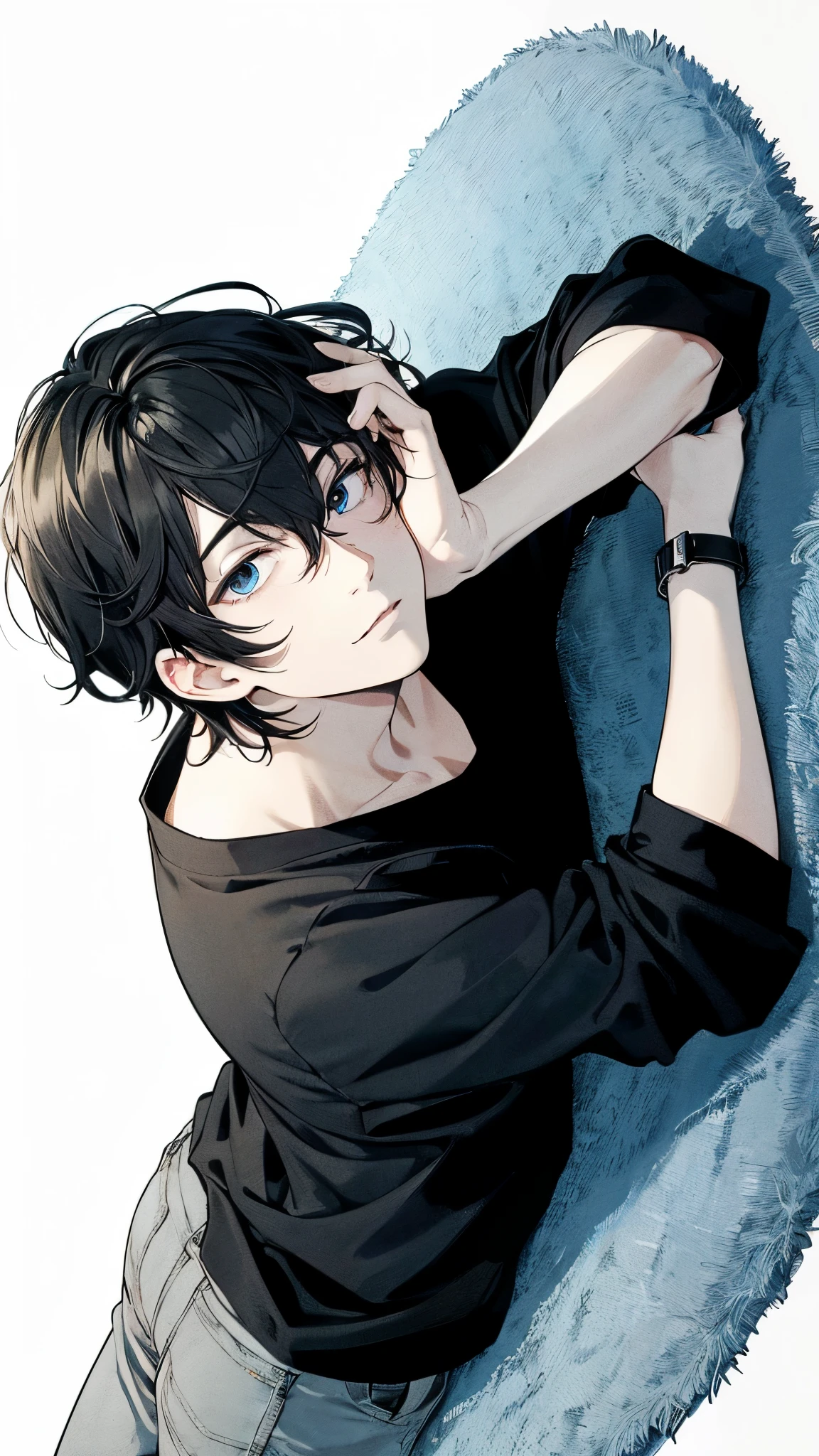 beautiful young male, dark hair, lying on blue carpet, wearing a black shirt, one arm bent with hand under chin, direct gaze into the camera, serene expression, soft lighting, relaxed posture.
