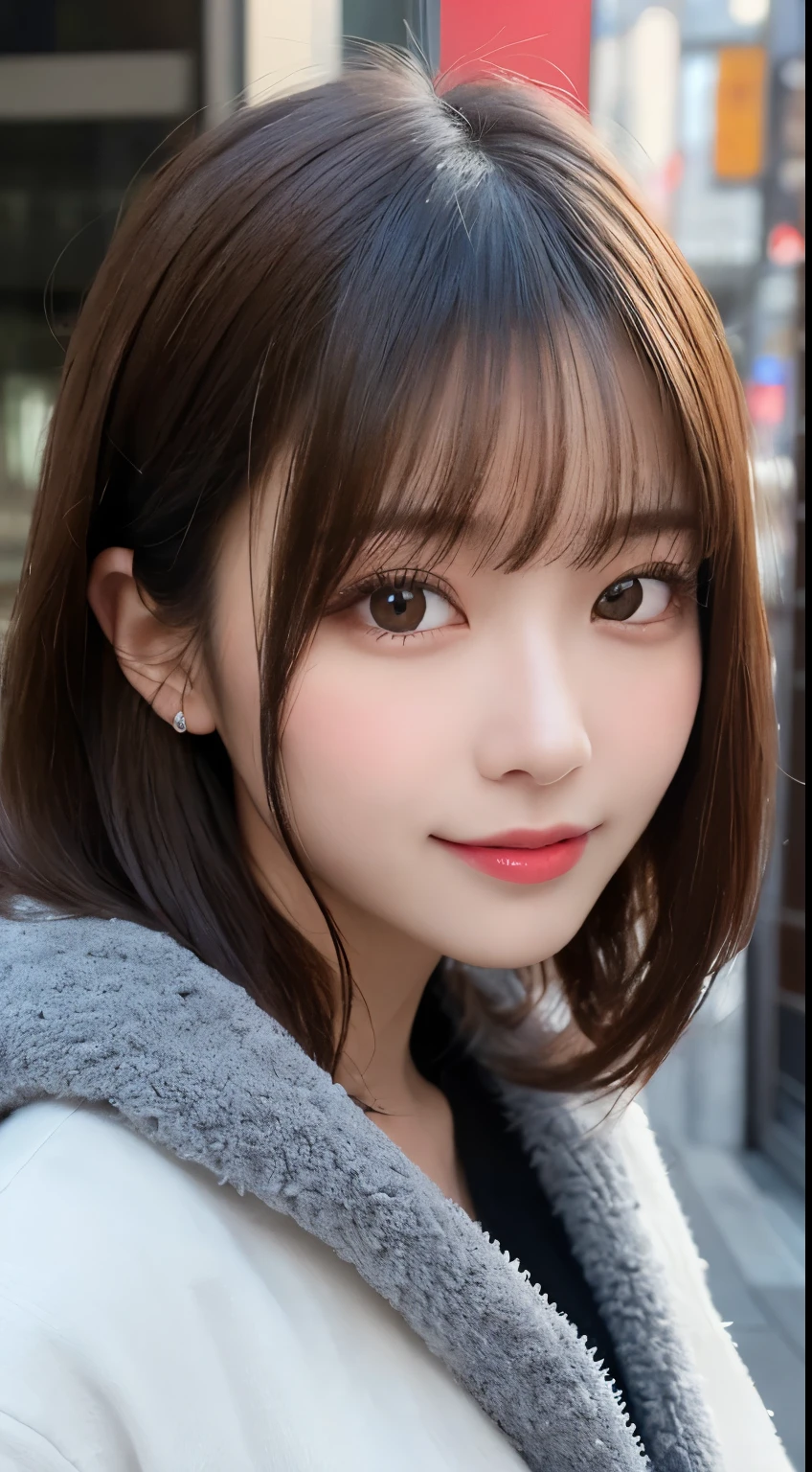 masutepiece, Best Quality, Illustration, Ultra-detailed, finely detail, hight resolution, 8K Wallpaper, Perfect dynamic composition, Beautiful detailed eyes, Tokyo's latest gray fluffy winter clothes,Medium Hair,small tits,Natural Color Lip, Bold sexy poses,Smile,cafes、20 years girl、Cute、Sexy shot looking at camera,Always blur the background,Perfect and beautiful face,Take only the face,beautiful and detailed face、slim face and style、Anyway, Cute face