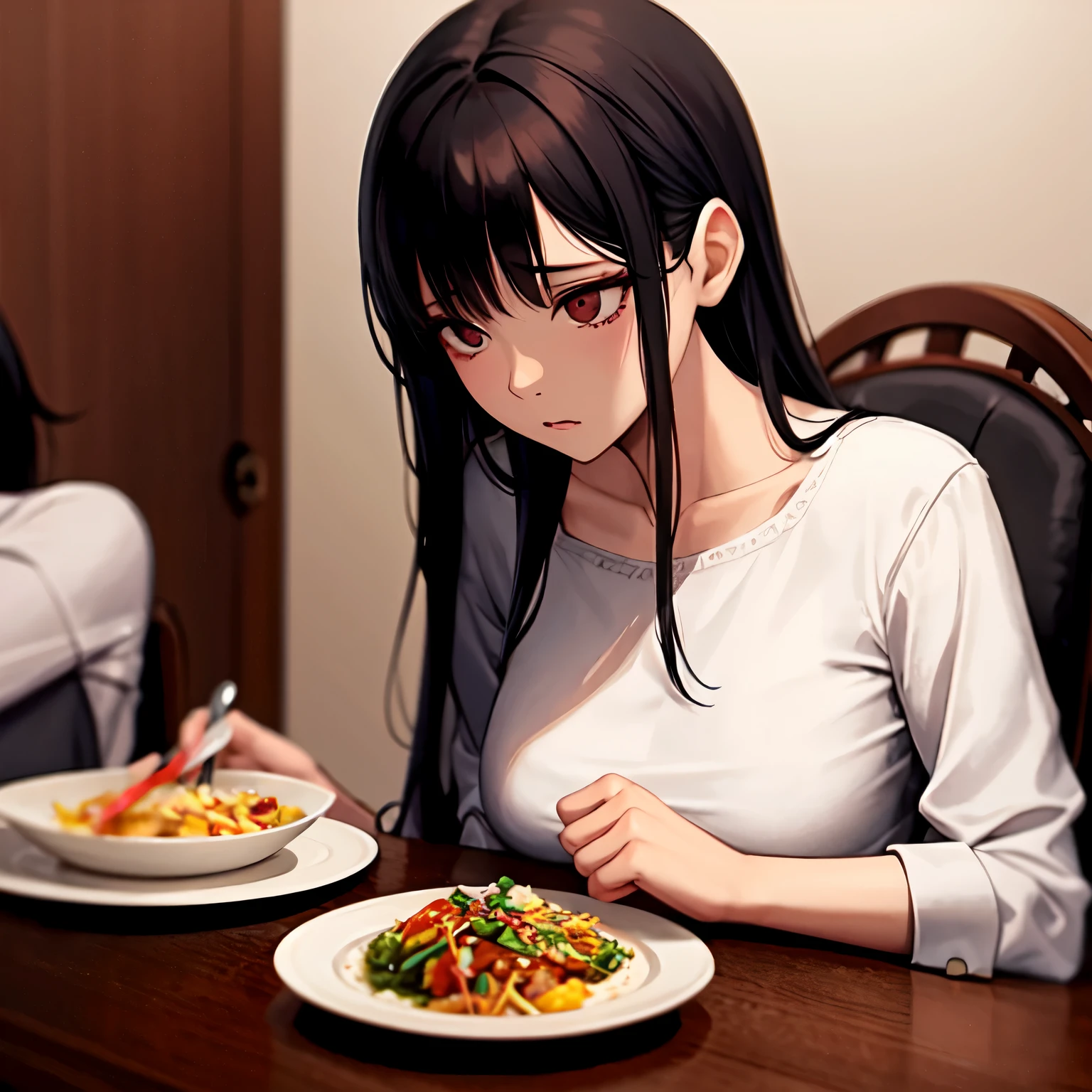 ((best quality)), ((masterpiece)), (detailed), perfect face, Here is the illustration of Ngọc sitting in a family meal at Quân's house, depicted with a look of confusion and slight overwhelm. She is shown trying to adjust to the unfamiliar seating arrangement, with an expression of bewilderment and unease as she navigates the customs and etiquette of the meal.