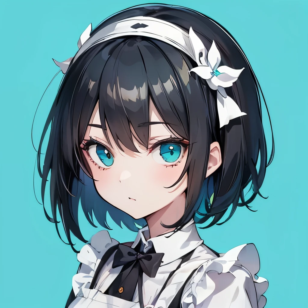 (masutepiece:1.2, Best Quality), [1 girl in, expressioness, (Turquoise eyes;1.3), front facing, jet-black hair, half short cut hair,straight hair, Jacket is taken off, Cafe Apron,]