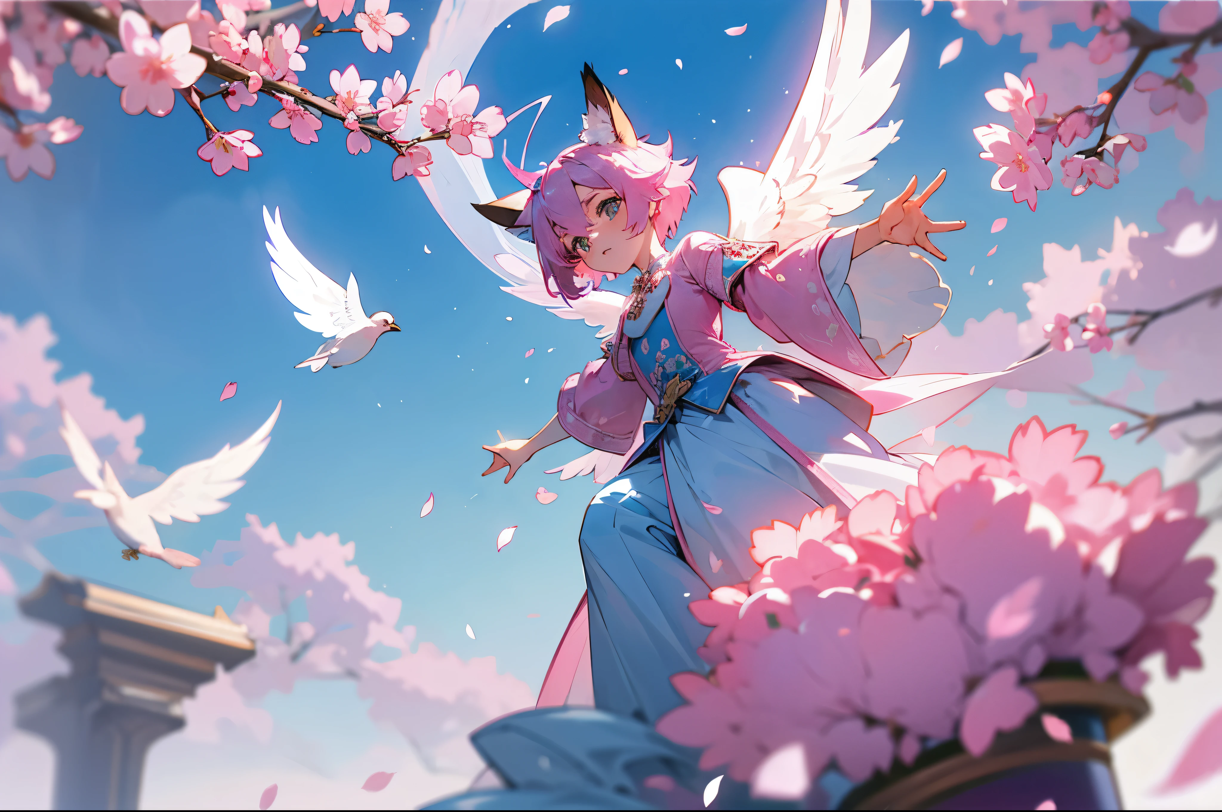 Imperial sister，flatchest，Be on one's high horse，Angel style，Light blue feathers，pink short hair，There is a blue halo on the head，Alone，Best Picture Quality，Pink cherry blossom petals flying，short，stand on the throne，fox ear