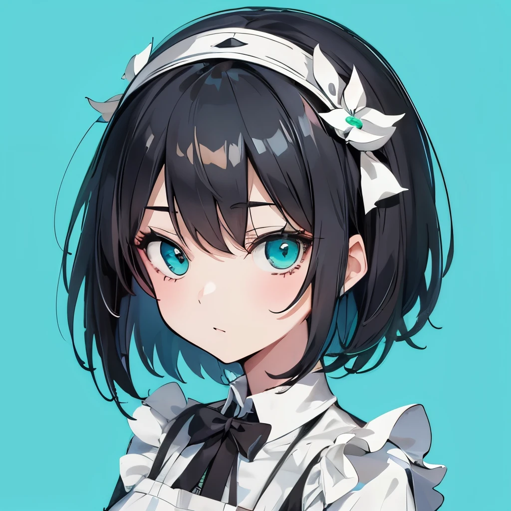 (masutepiece:1.2, Best Quality), [1 girl in, expressioness, (Turquoise eyes;1.3), front facing, jet-black hair, half short cut hair,straight hair, Jacket is taken off, Cafe Apron,]