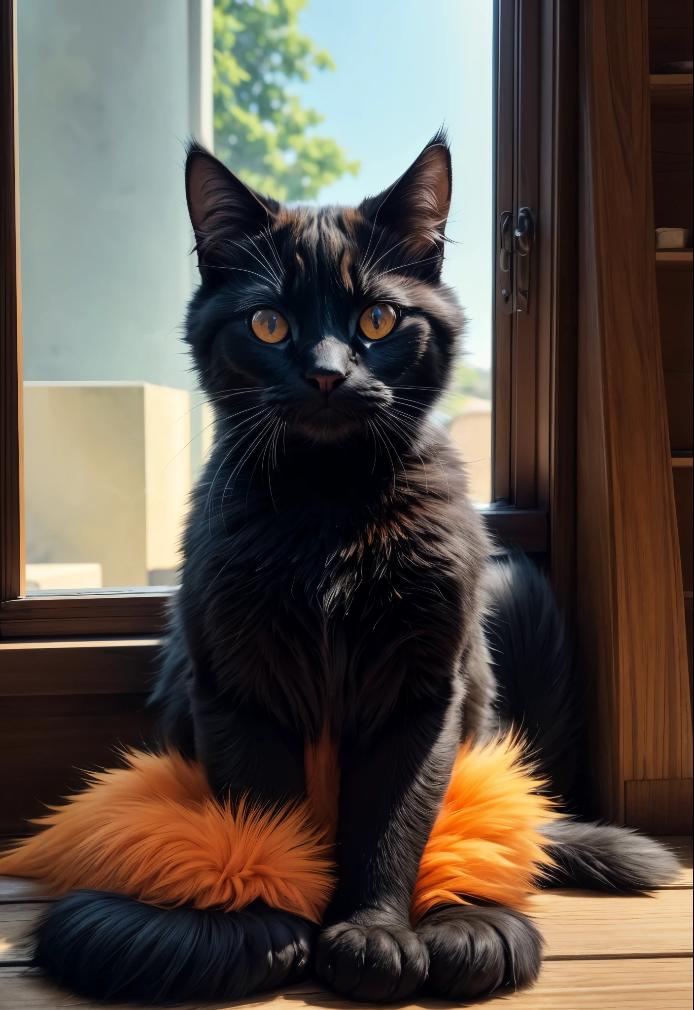 (best quality,4k,8k,highres,masterpiece:1.2),ultra-detailed,(realistic,photorealistic,photo-realistic:1.37),black cat,(big bright orange eyes,bright orange eyes:1.1),(fluffy beautiful tail,tail:1.1),(shiny black fur,black fur:1.1), (playful and curious look,playful look,curious look:0.95),(sitting on a windowsill,sitting on a windowsill with sunlight:1.1), (vivid colors,vibrant colors:1.1),(portrait,photography)