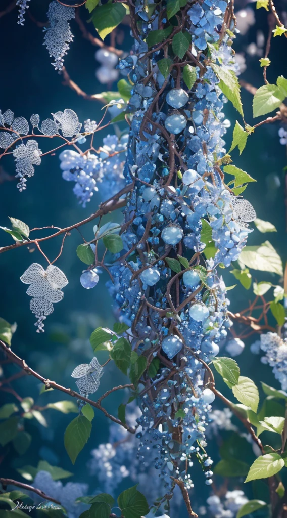 (Best quality, ultra-detailed, photorealistic: 1.37, numerous crystal fruits on vines, towering vines of magical plants, intricate details), light blue and white, stunning lighting, artistic shot, close-up