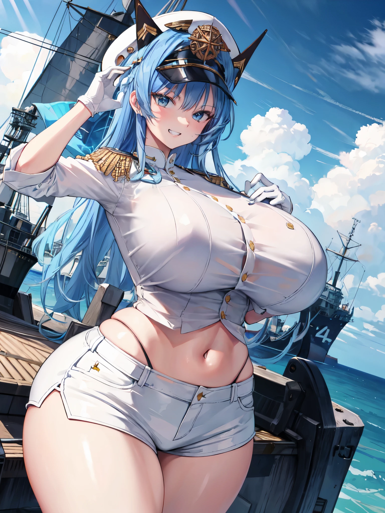 helmdef, hat, military, white shorts, white gloves, (gigantic breasts:1.1),(scenery of war ship :1.2),(thicc:1.3),midriff，grin