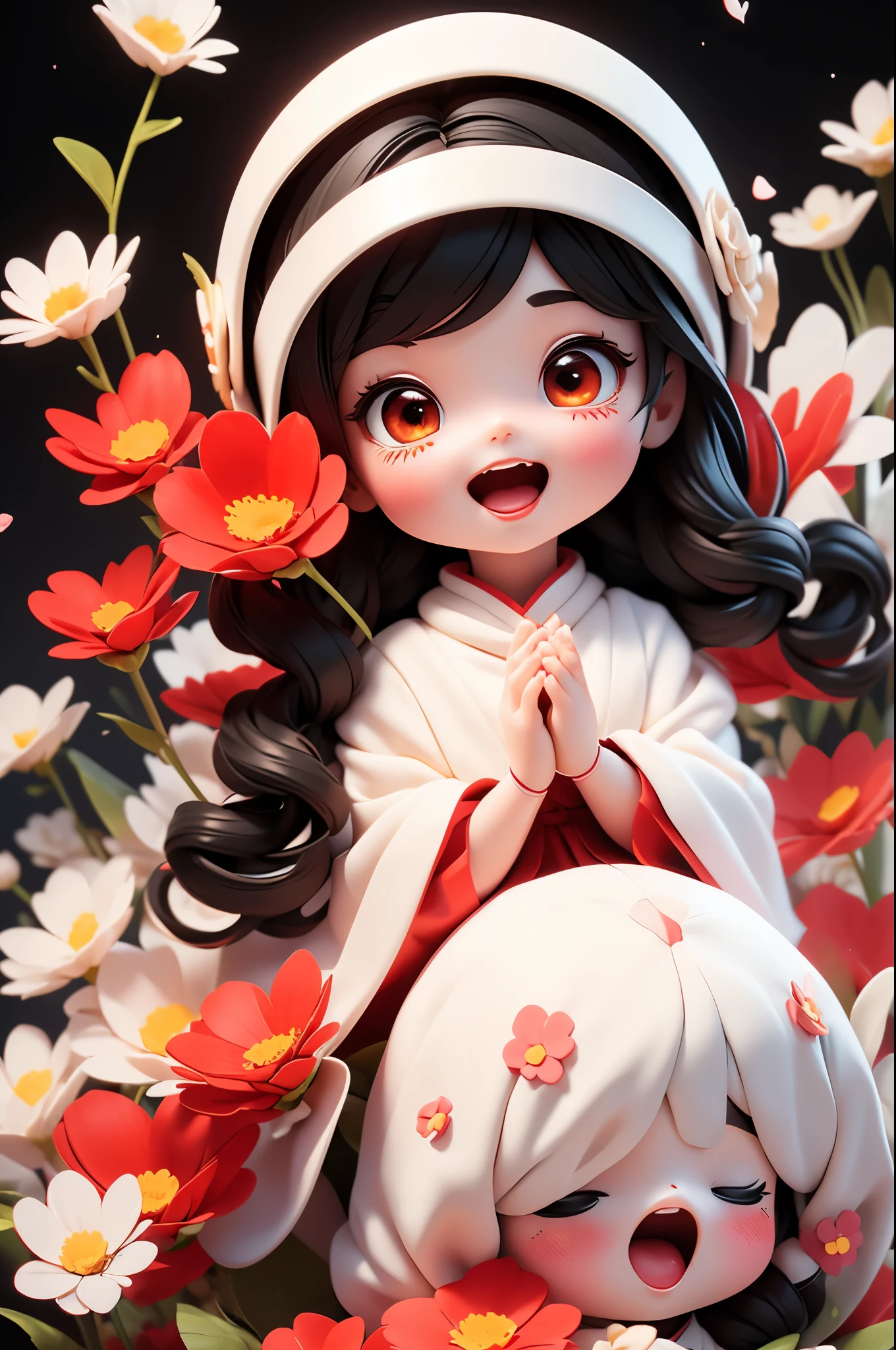 photoRealstic、((use white, black and red))、soft vinyl doll、((Emphasize the softness of the doll))、Yawning face、In a cute pose、up of face、Eye Up、put hands forward、There are also flowers in the foreground...、season!!: 夏天☀ 🍂