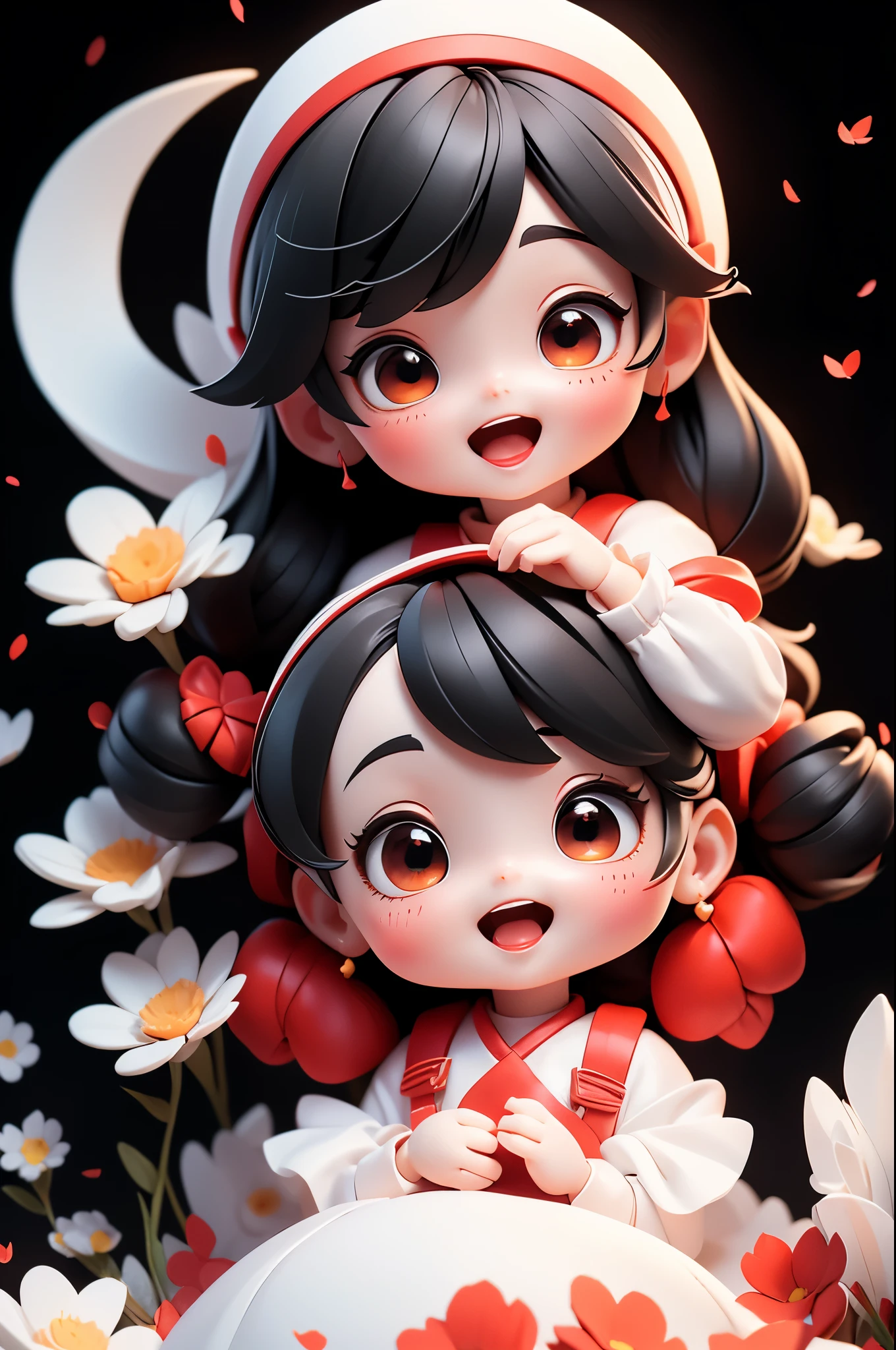 photoRealstic、((use white, black and red))、soft vinyl doll、((Emphasize the softness of the doll))、Yawning face、In a cute pose、up of face、Eye Up、put hands forward、There are also flowers in the foreground...、season!!: 夏天☀ 🍂