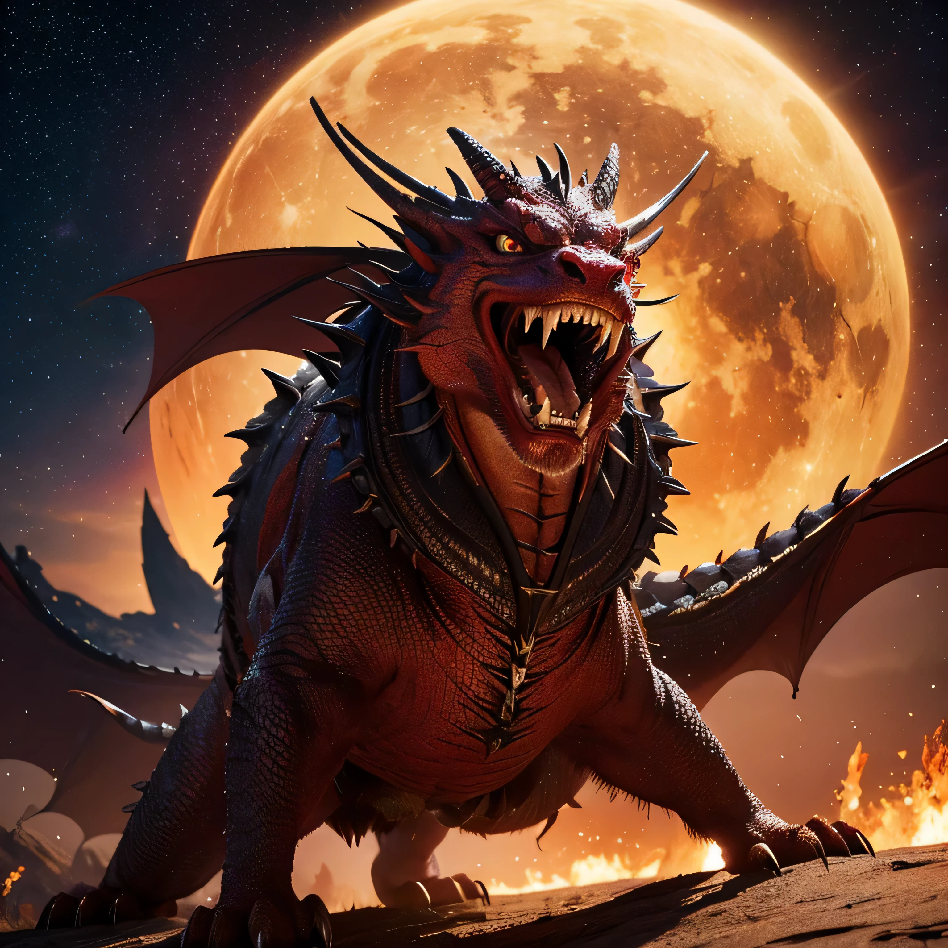 Western fantasy style，The background is a starry sky，red dragon、roaring with open mouth、Fangs and claws、Spiritual world、like a dream，Majesty，Its body is a piece rich in detail、Beautifully painted masterpiece，4K