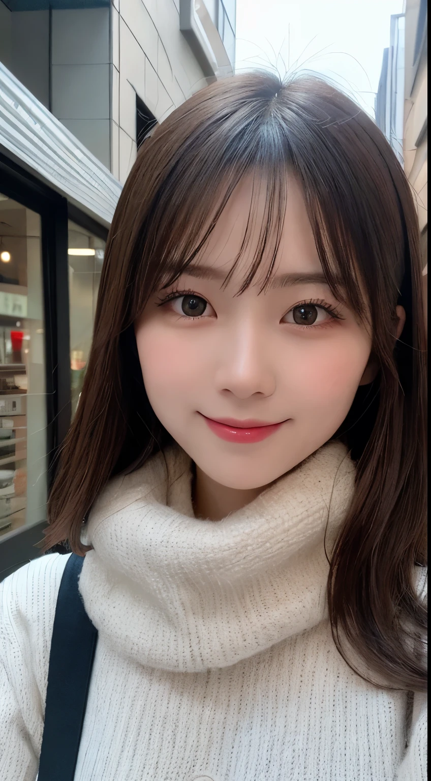 masutepiece, Best Quality, Illustration, Ultra-detailed, finely detail, hight resolution, 8K Wallpaper, Perfect dynamic composition, Beautiful detailed eyes, tokyo prefecture'Latest black fluffy winter clothes,Medium Hair,small tits,Natural Color Lip, Bold sexy poses,Smile,cafes、20 years girl、Cute、Sexy shot looking at camera,Always blur the background,Perfect and beautiful face,Take only the face,beautiful and detailed face、slim face and style、Anyway, Cute face