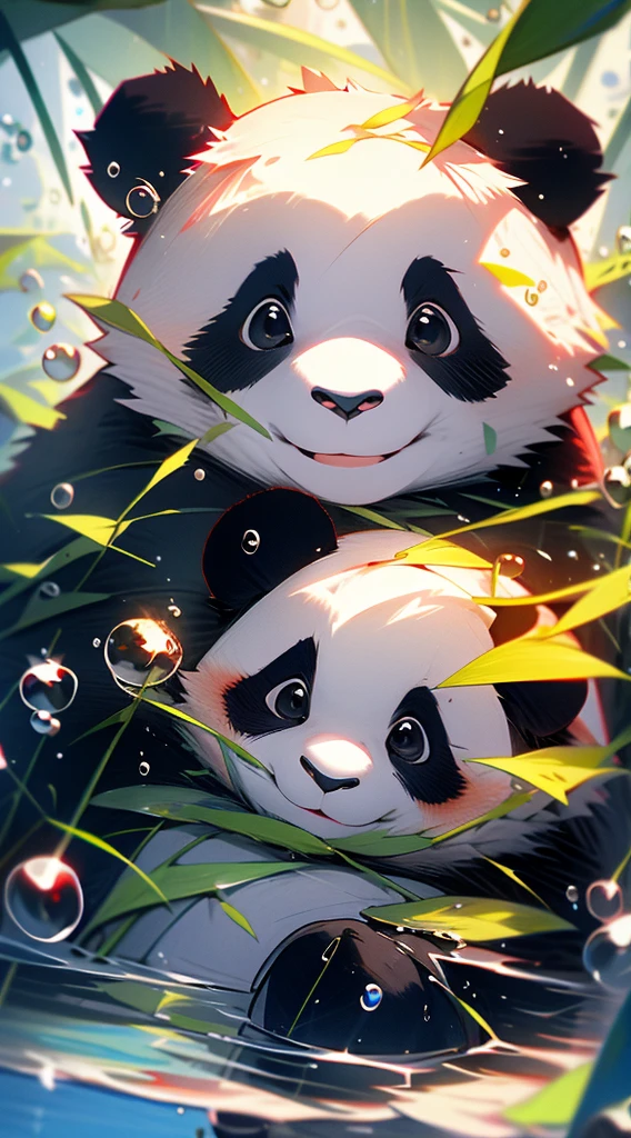 1 cute panda, face closeup, portrait, furry, leaves, no man, water, blisters, bubbles, more details, rich colors, cute smile, best quality, 8K, high saturation