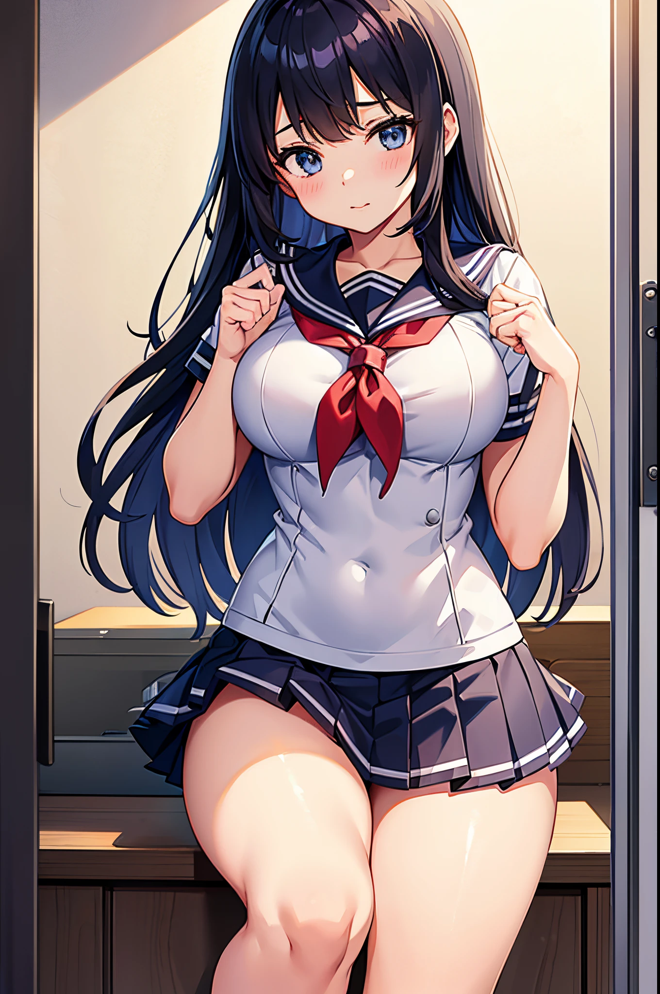 A high school girl wearing a thick miniskirt and sailor uniform in the health room