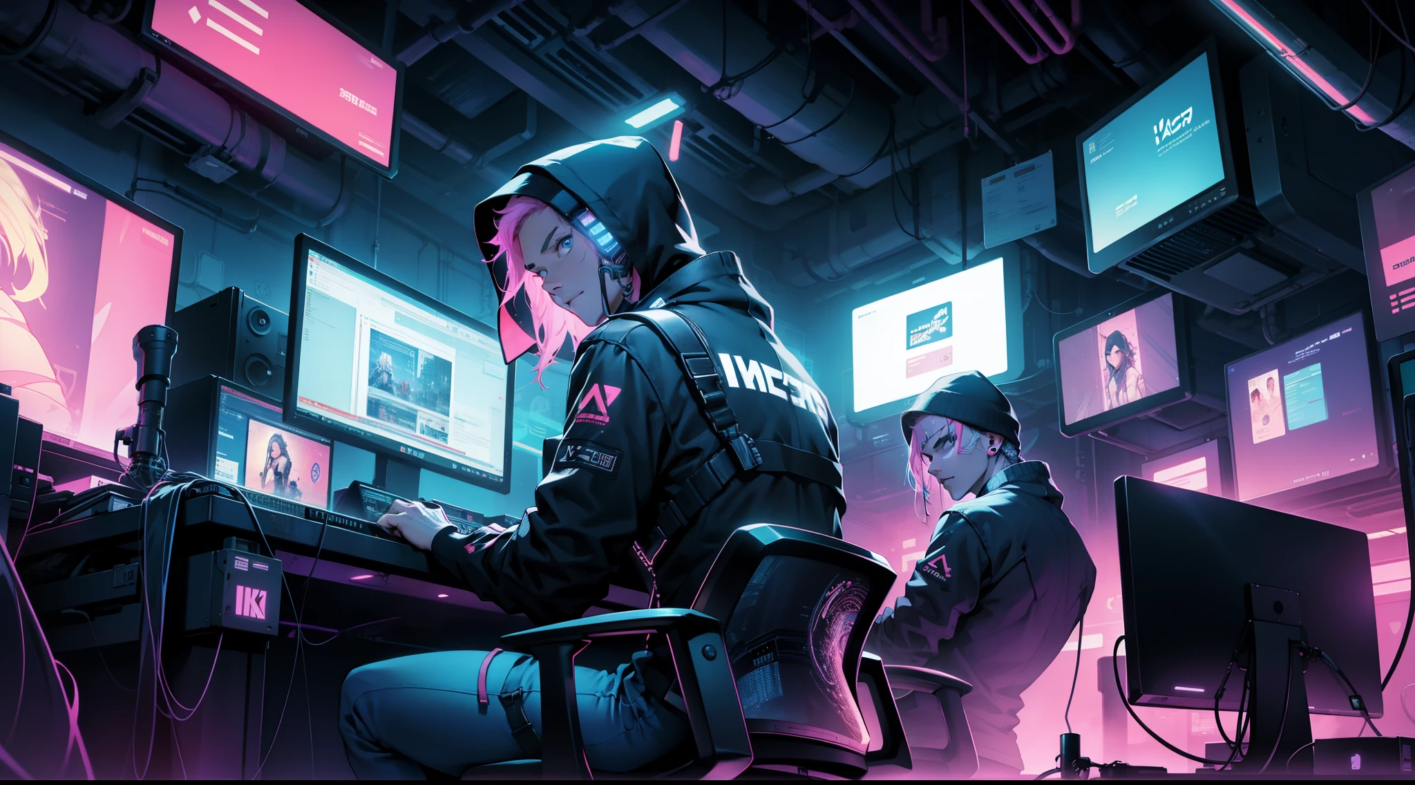 hacker, backboob, guy, illustartion,multi monitors, ciberpunk, Neon