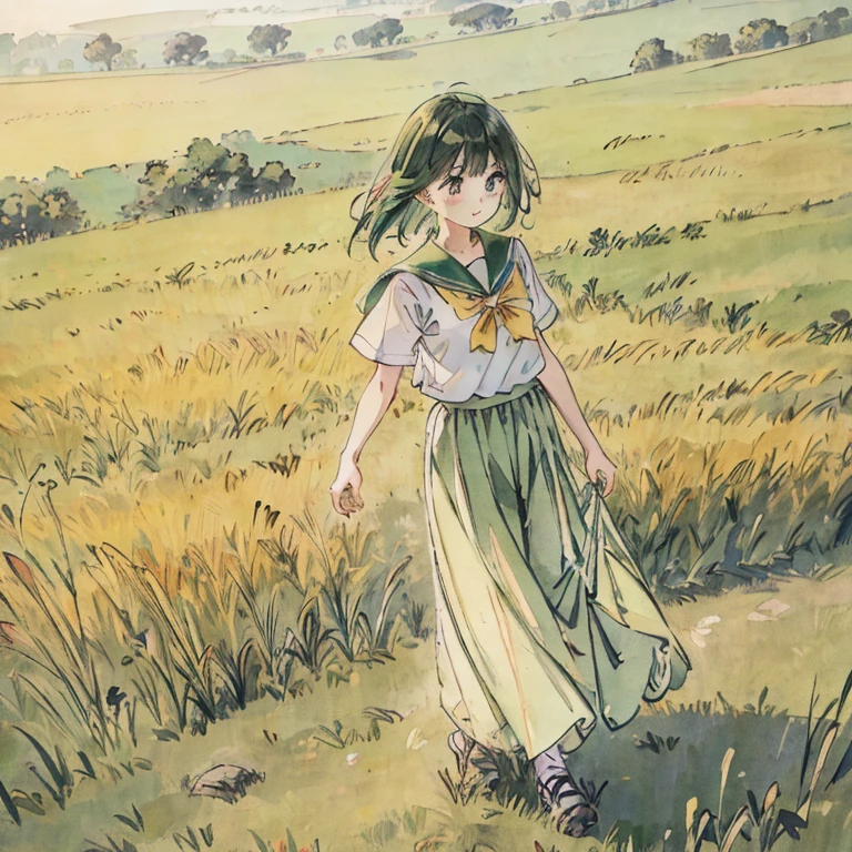 grass field,green color, freshen,Gentle girl,long skirt,reflector、a sailor suit