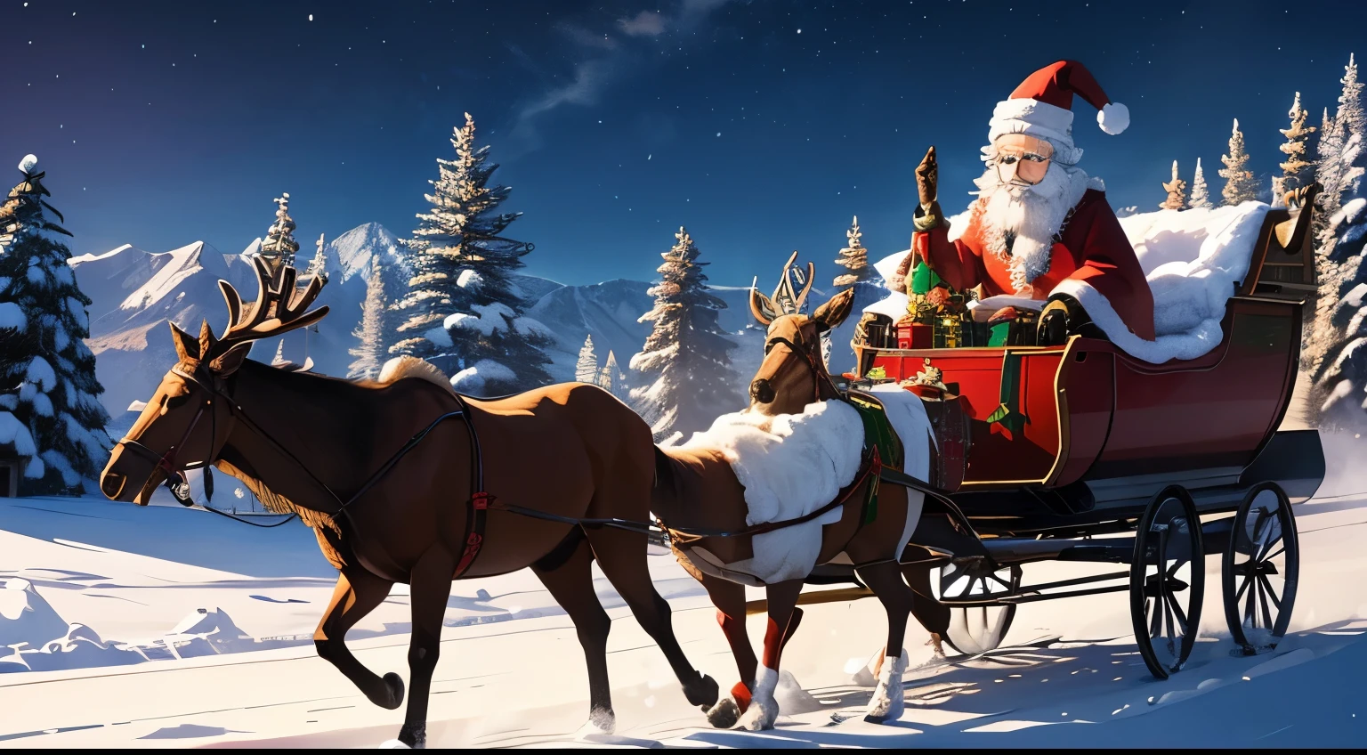 Christmas atmosphere Santa Claus sitting in his sleigh,Elk leading the way,The back of the sleigh is loaded with gifts and is coming toward me. Gifts are flying in the background.