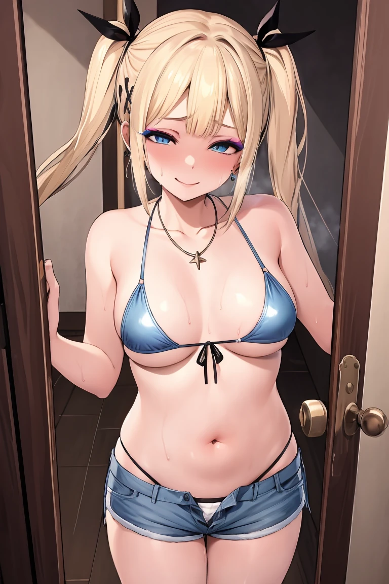 (masterpiece, high quality, highres:1),1girl,solo,breasts,pov doorway, open door, doorway, false smile,standing, (sweat:1.3) ,fog,bikini, short shorts, denim shorts, marie rose, flustered,panicking,rushing,long hair,forced smile,half-closed eyes,plump,twintails ,ntrgao,dark,shaded face,despair ,(blue eyes ,blonde hair), from above, (covered nipple), necklace, earrings, (makeup:1.4), (pubic hair:1.2), pussy juice, oily skin, gleaming skin, shiny skin