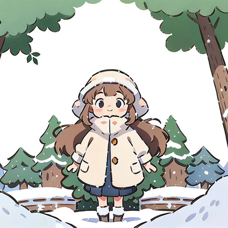 girl, long whitr hair, with a round face, largeeyes, down jacket, ssmile, 围巾, Winters, parks, yukito, White snow, The tree, snow cover, in a panoramic view, frontage
