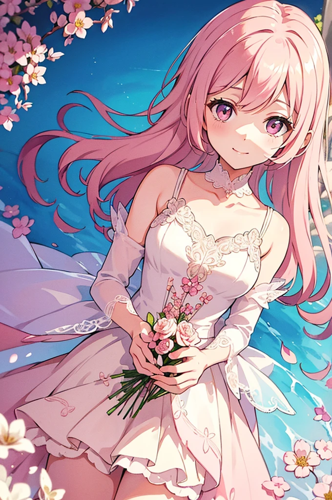 Pale pink color, diagonally above, cute and gentle smile, beautiful girl holding a bouquet of flowers so beautiful that you can't see her hands, beautiful eyes, rich watercolor, colorful, (Delicate details, complex composition: 1.5) (Very Details) Complex configuration: 1.5),