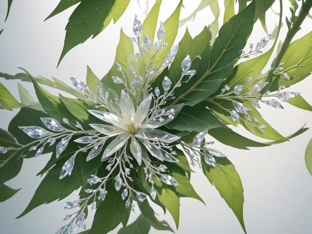 (Best quality at best,4K,A high resolution:1.2),White tones，crystallized vine,Sparkling crystals,sparkling transparent leaves,Twisted tendrils,Botanical illustration style,Macro details,Rich textures,EtherealBeauty,HighDynamicRange,Studio lighting,The attention to detail