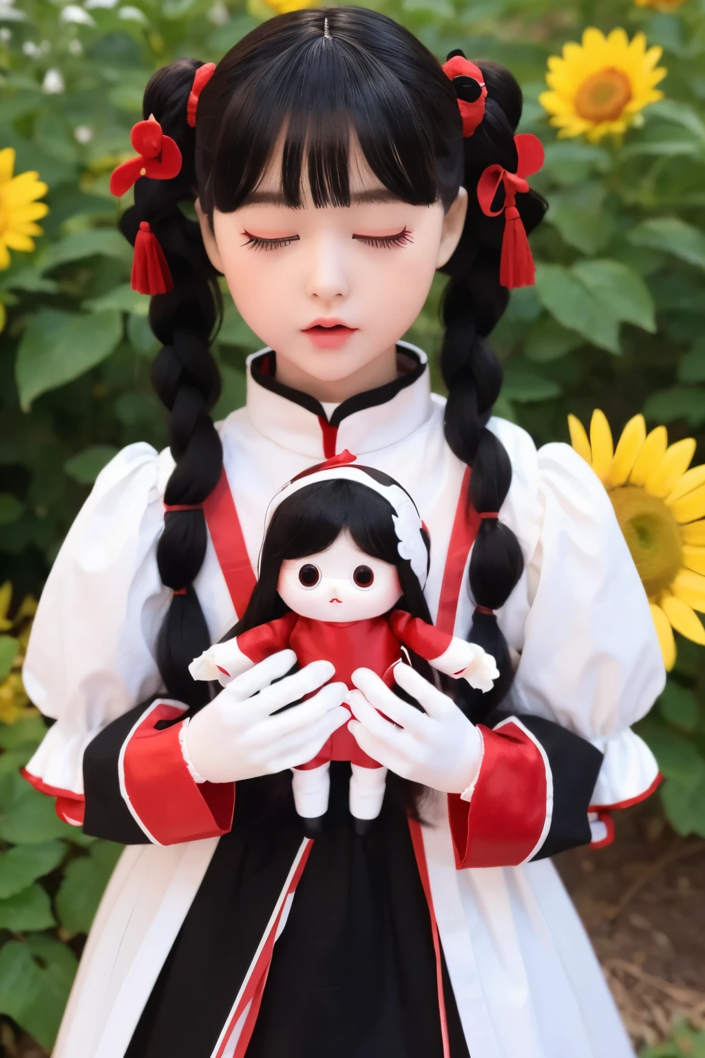 photoRealstic、((use white, black and red))、soft vinyl doll、((Emphasize the softness of the doll))、Yawning face、In a cute pose、up of face、Eye Up、put hands forward、There are also flowers in the foreground...、season!!: 夏天☀ 🍂