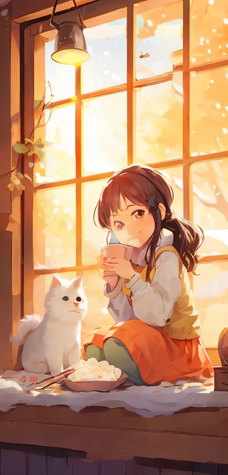 Anime girl sitting on windowsill，Holding a cat and a cup, Comfortable wallpaper, very beautiful cute catgirl, Anime art wallpaper 8 K, adorable digital art, Soft anime illustration, Anime visuals of a cute girl, cute anime, lovely art style, cute anime girl, Anime visuals of a cute cat, Artgerm and Atey Ghailan, Anime Pictures,yuki