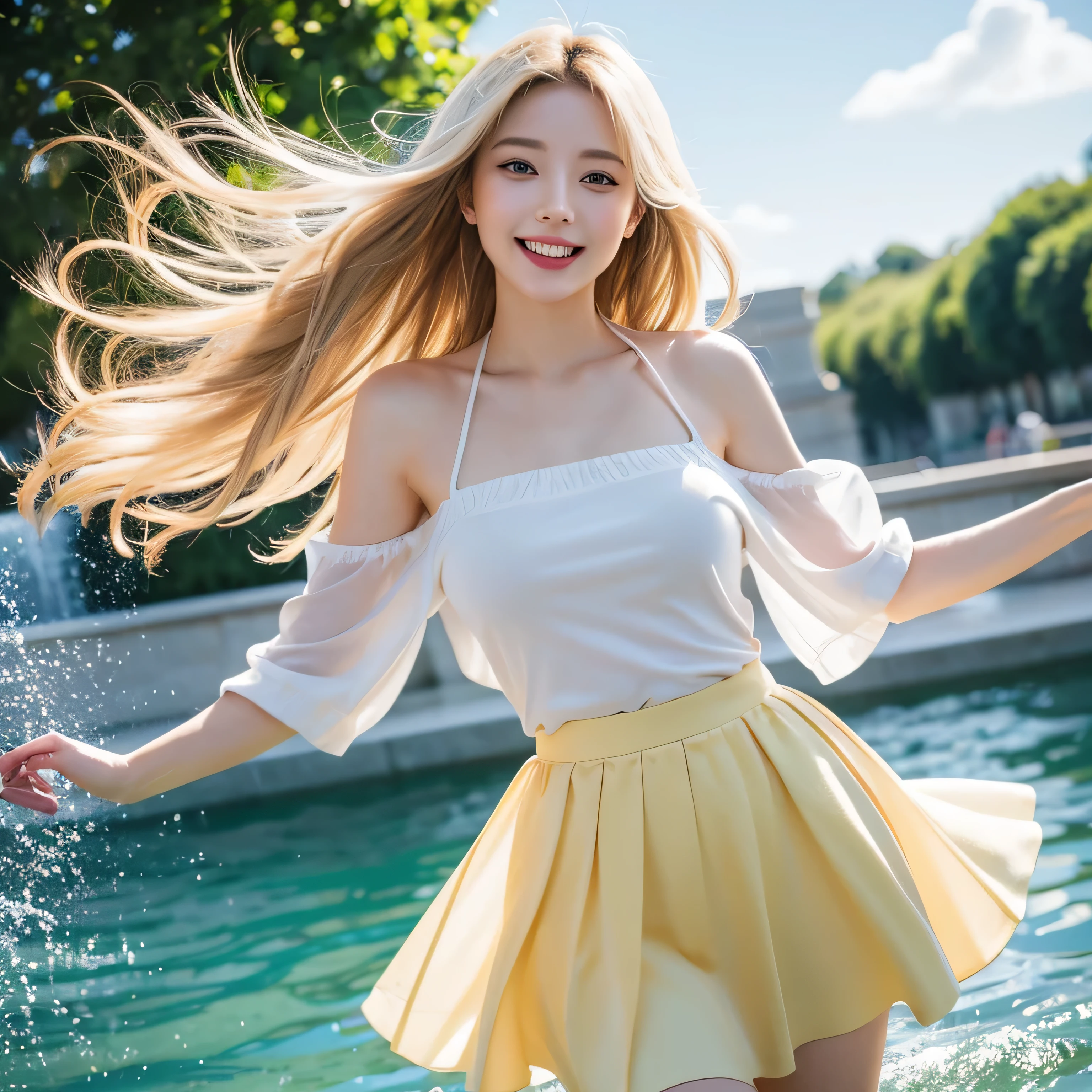 tmasterpiece, Best quality, hyper-detailing, illuminations, beautifuldetails, depth of fields, dynamic angle, 8k wallpaper, sporty attire, Best light and shadow quality, 4K, 8K, CG, finely detailled, vague background, upper part of body, Contemporary, a skirt, blonde with blue eyes, Long gray hair,laughing heartily, pretty eyes, beautiful water splash