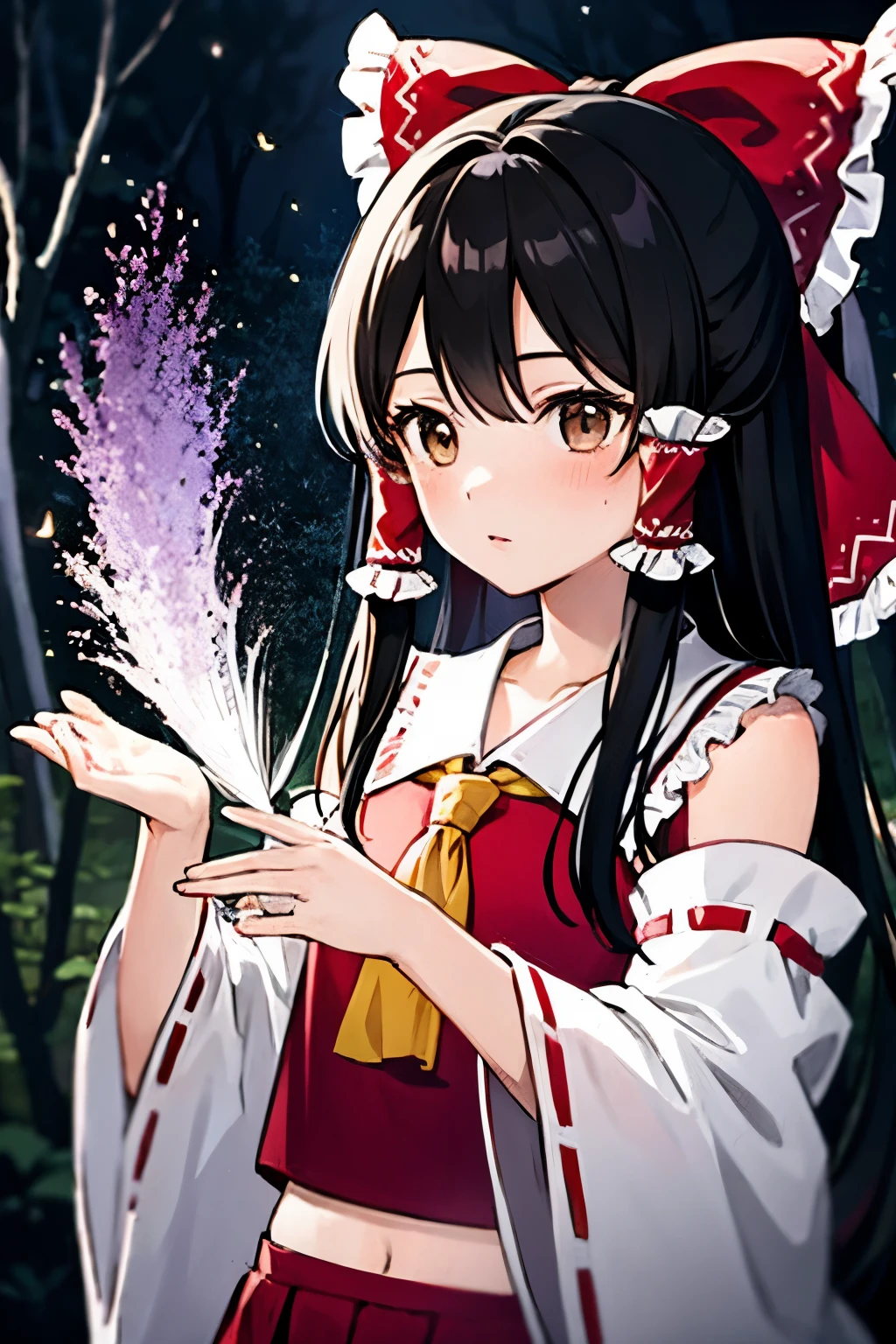 detailed background, masterpiece, best quality, 1girl, hakurei reimu, brown hair, hair tubes, hair ribbon, brown eyes, nontraditional miko, a forest full of purple and white trees, fireflies, water, purple theme, white theme, mystical, magical,